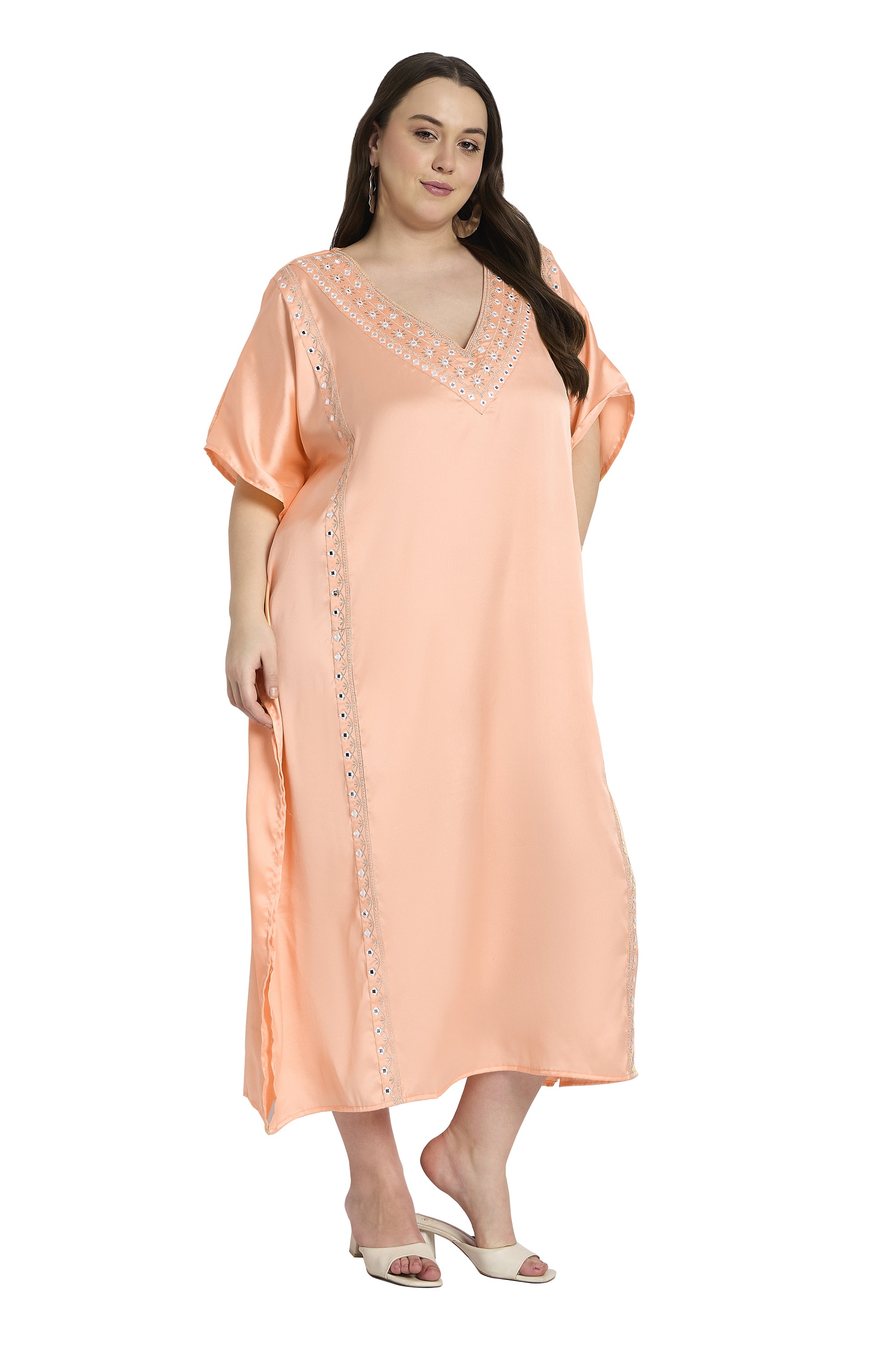 Women Plus Size Embroidered Satin Kaftan Dress