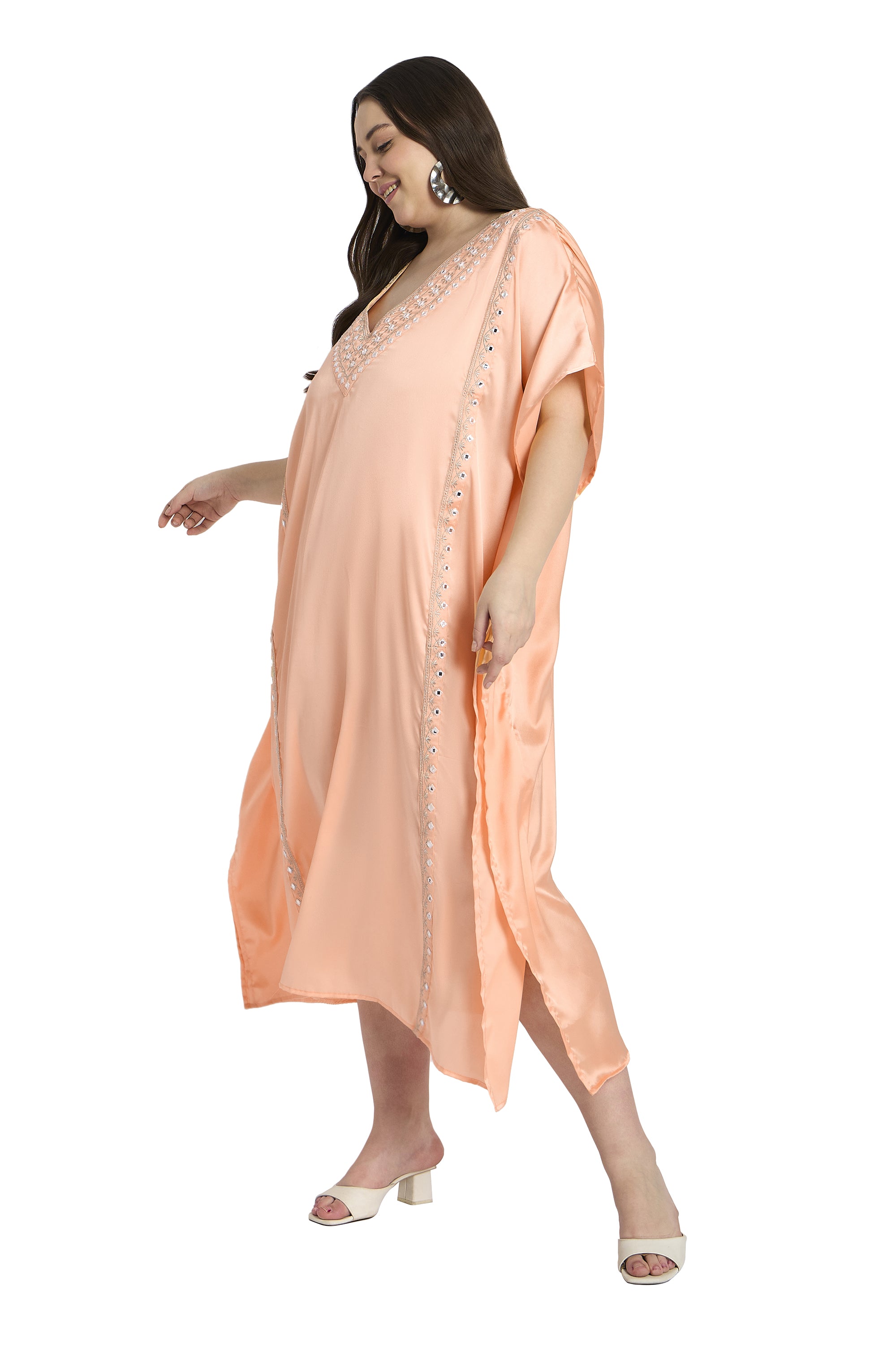 Women Plus Size Embroidered Satin Kaftan Dress