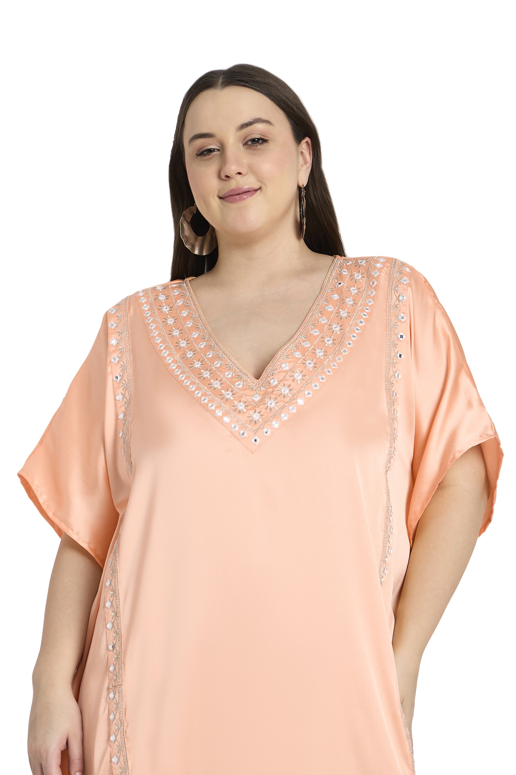 Women Plus Size Embroidered Satin Kaftan Dress