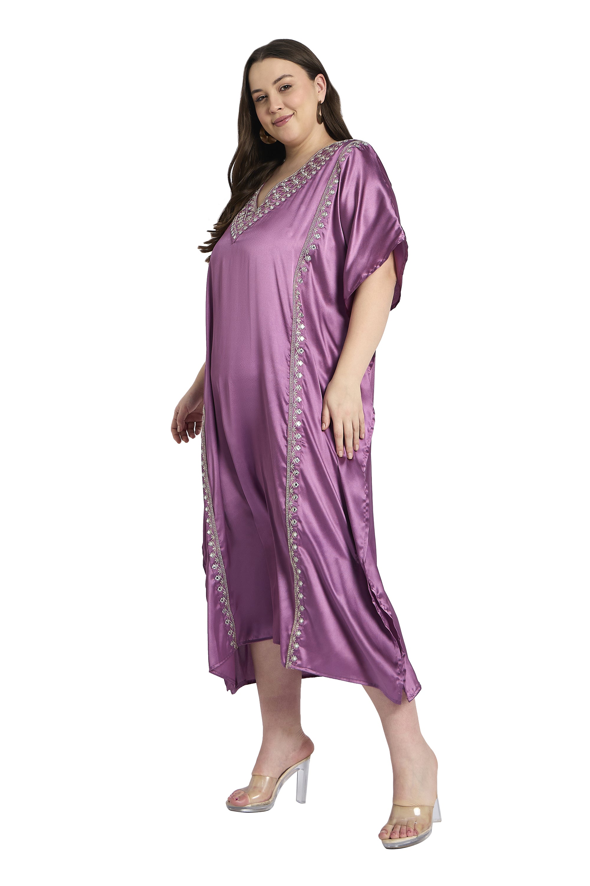 Women Plus Size Satin Silky Embroidery Kaftan