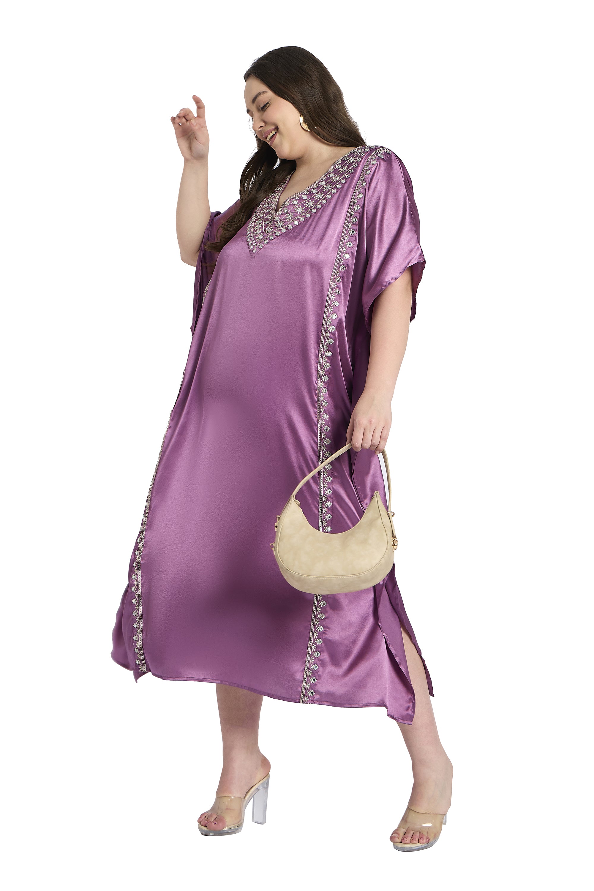 Women Plus Size Satin Silky Embroidery Kaftan