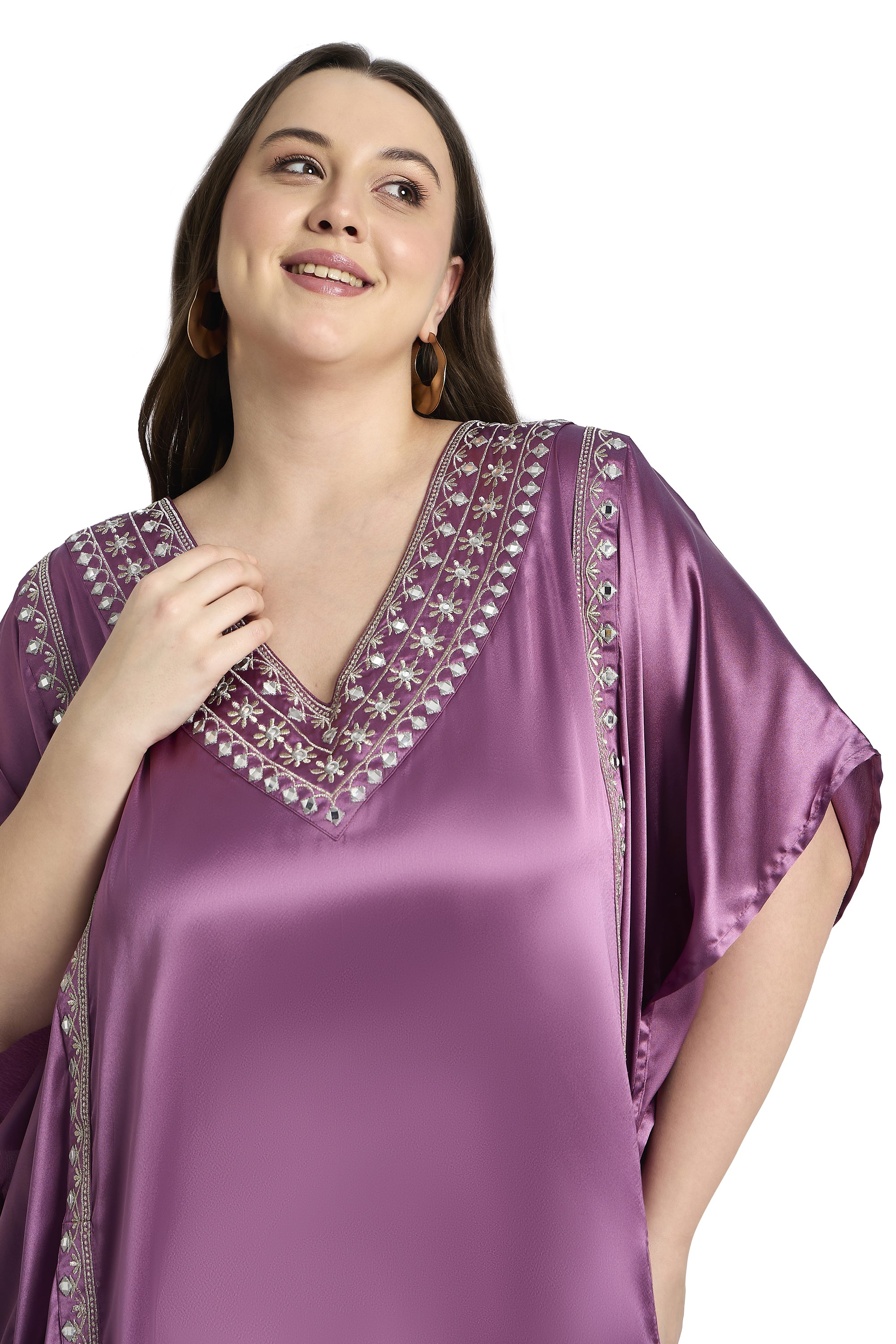 Women Plus Size Satin Silky Embroidery Kaftan