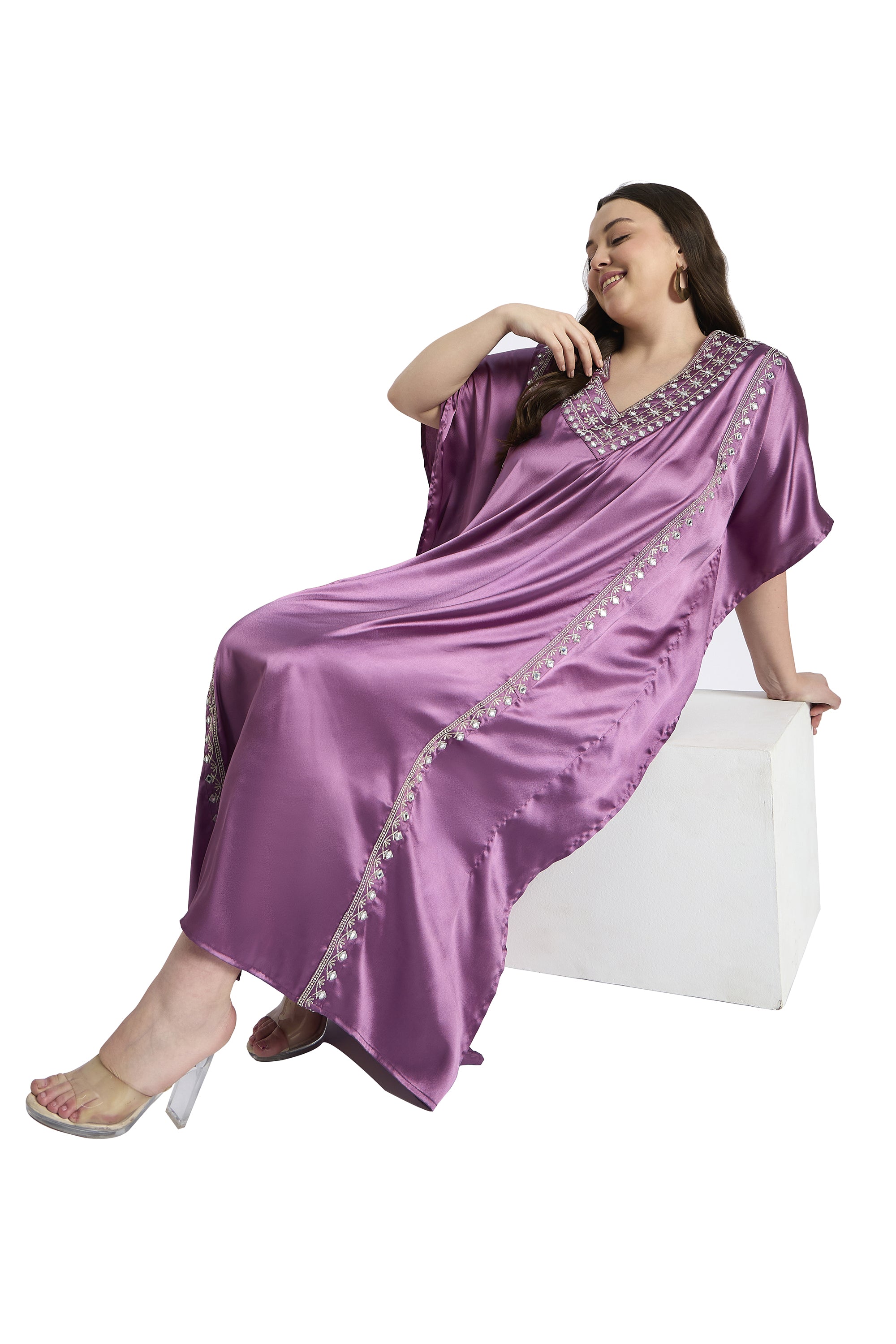 Women Plus Size Satin Silky Embroidery Kaftan