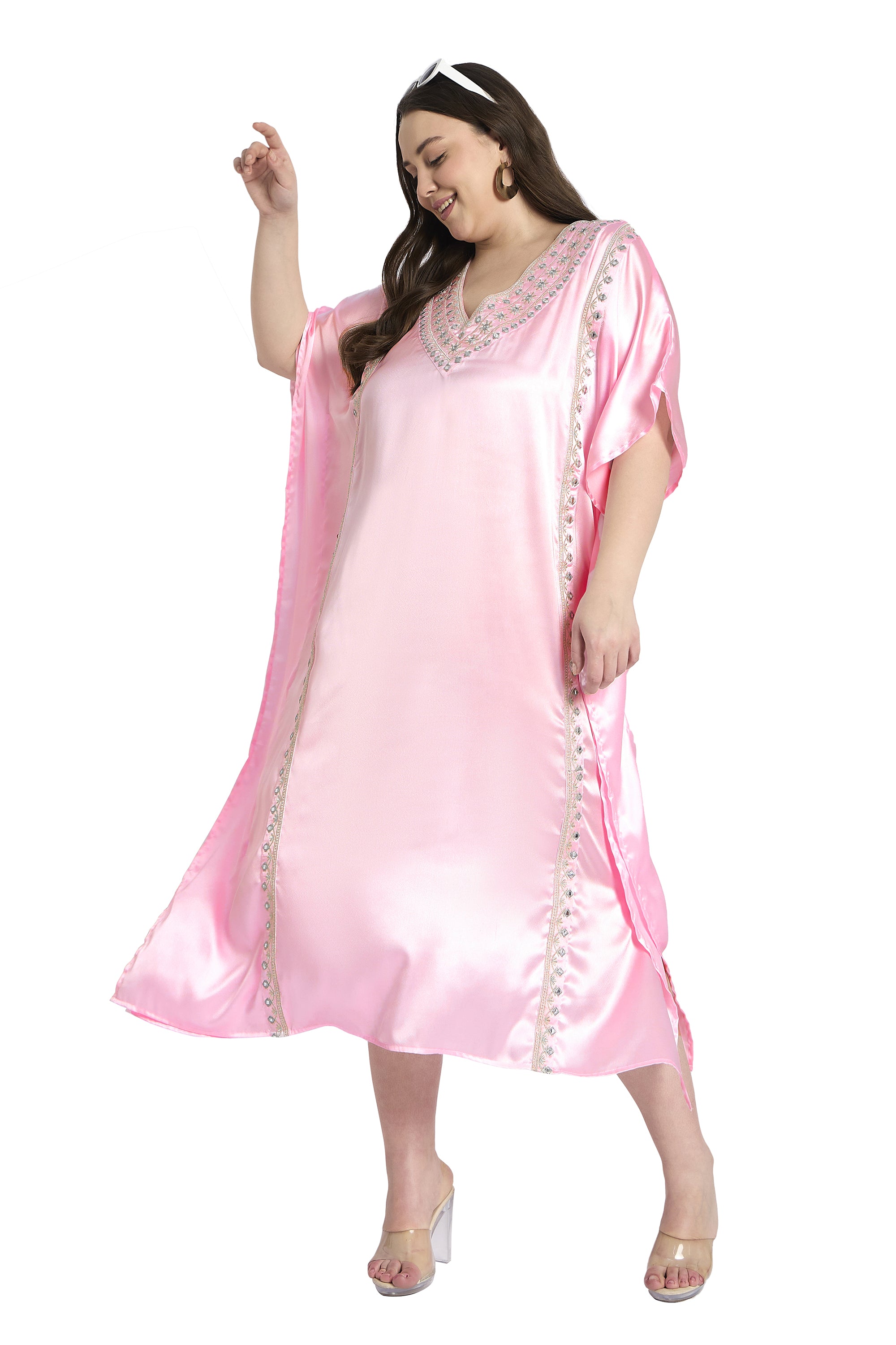 Light Pink Plus Size Satin Embroidery Caftan Dress