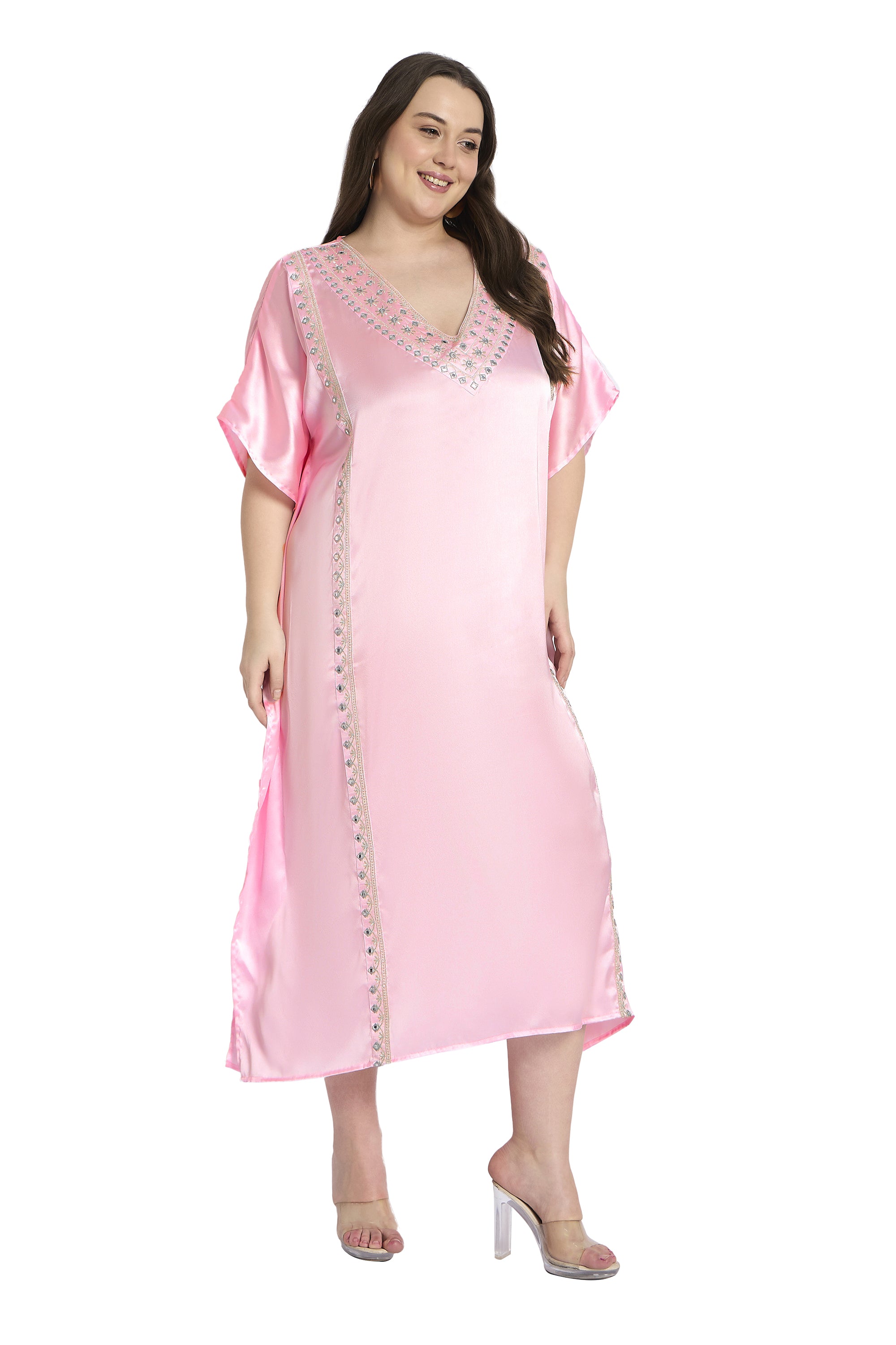 Light Pink Plus Size Satin Embroidery Caftan Dress