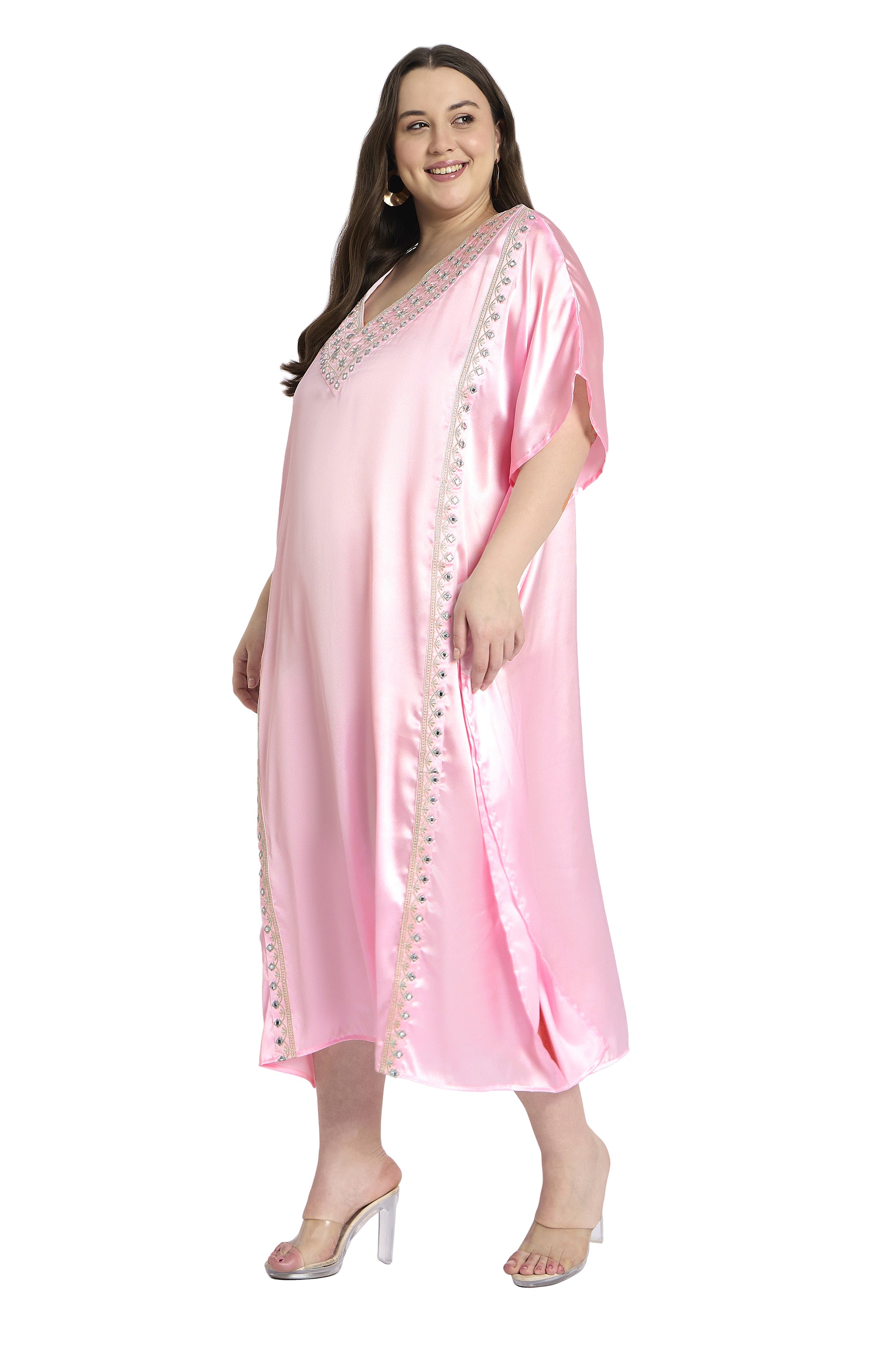 Light Pink Plus Size Satin Embroidery Caftan Dress