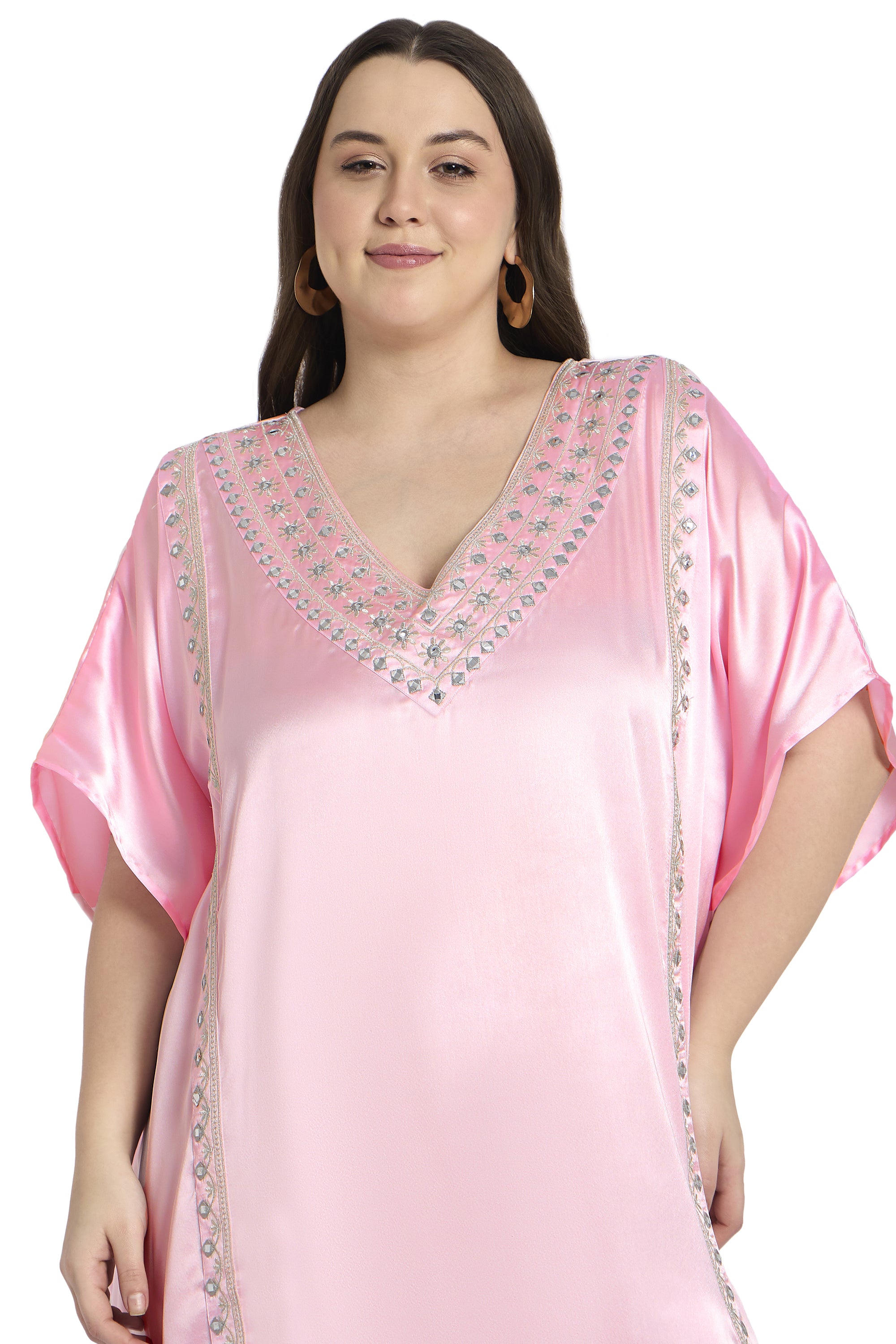 Light Pink Plus Size Satin Embroidery Caftan Dress