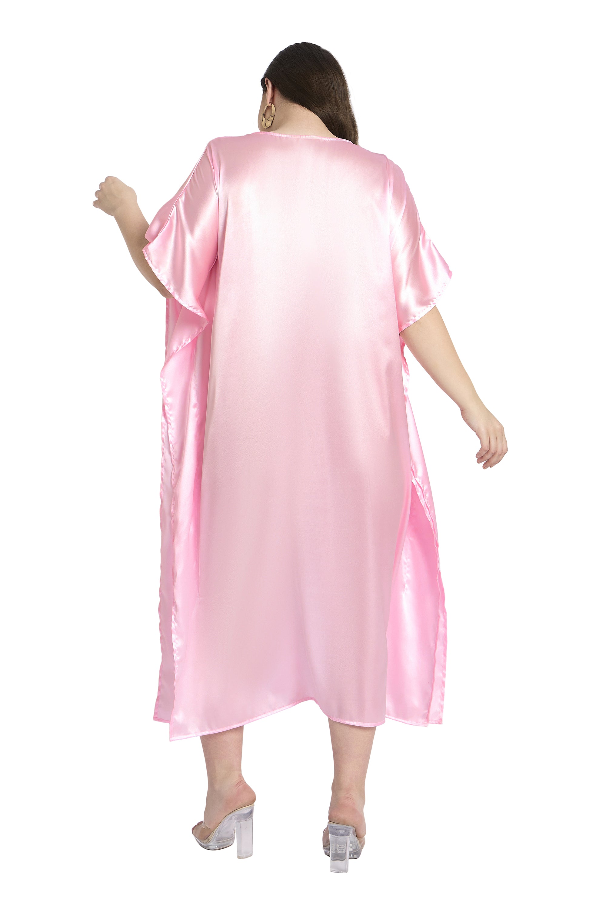 Light Pink Plus Size Satin Embroidery Caftan Dress