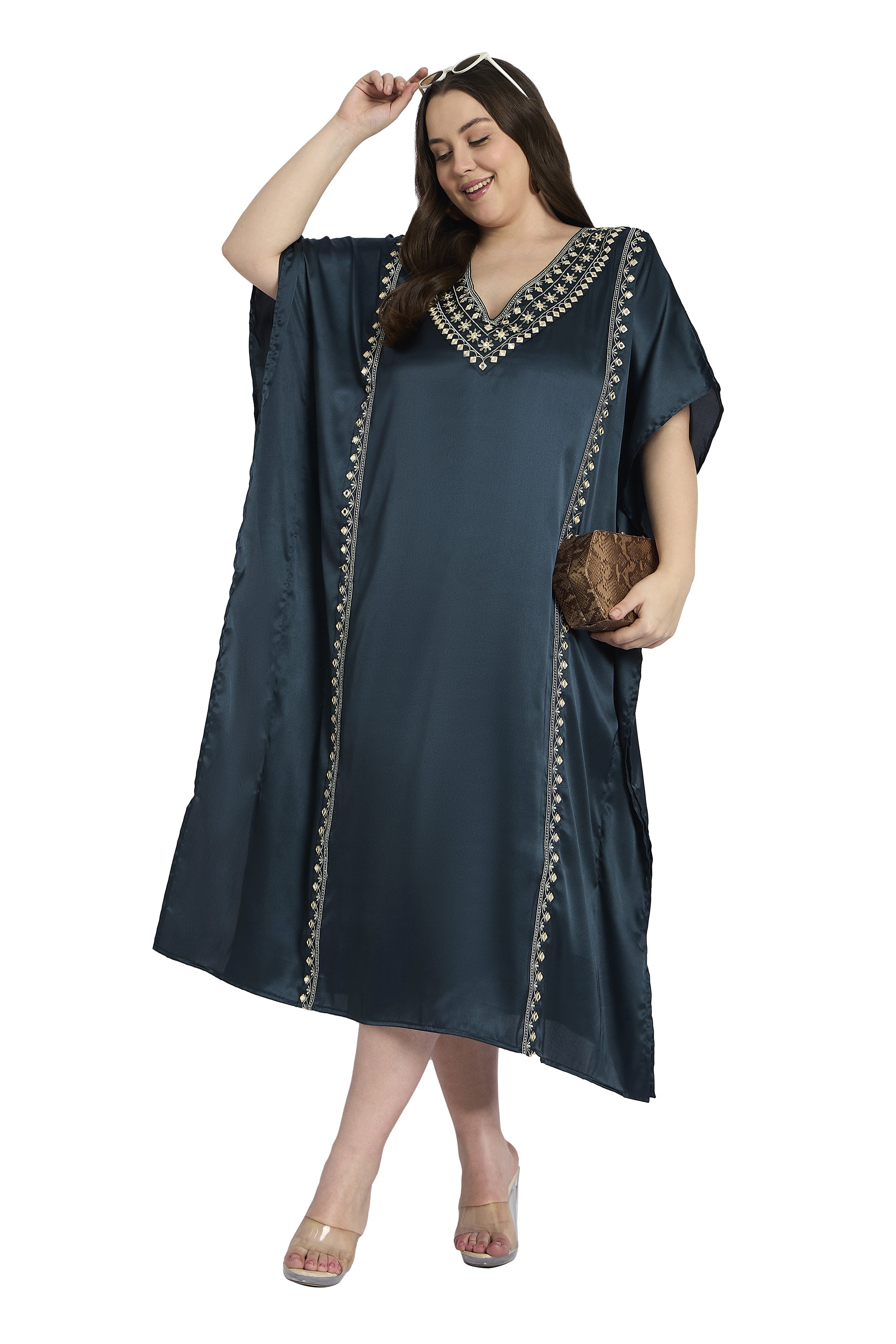 Women Satin Plus Size Kaftan with Embroidered Design
