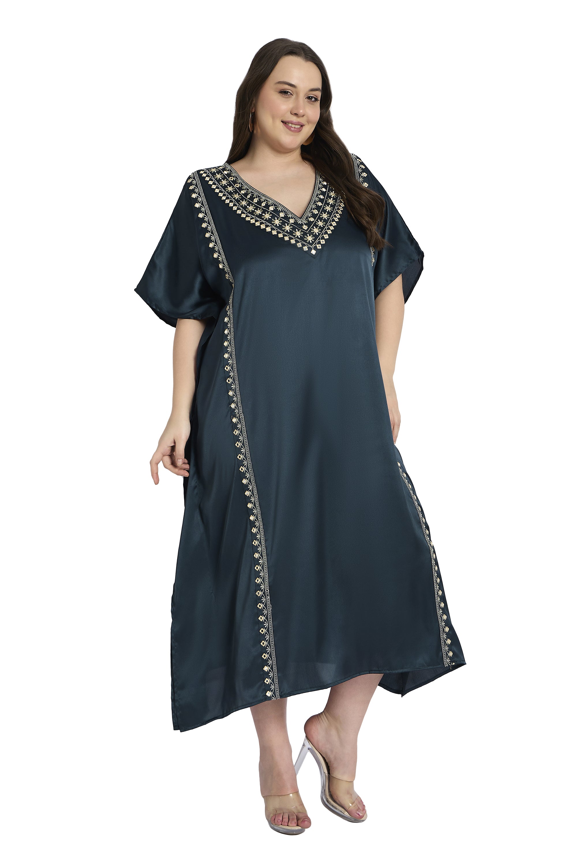 Women Satin Plus Size Kaftan with Embroidered Design