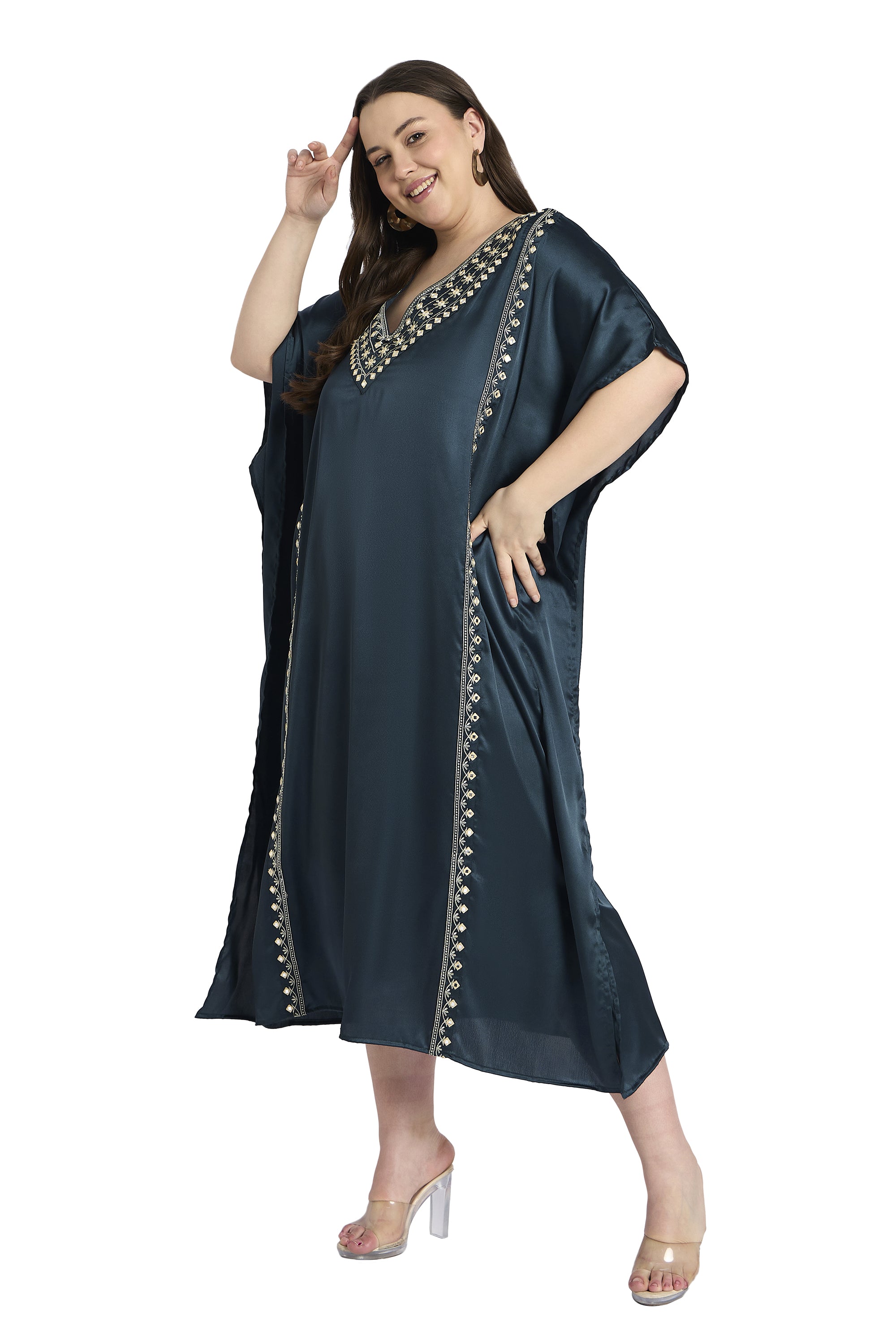 Women Satin Plus Size Kaftan with Embroidered Design