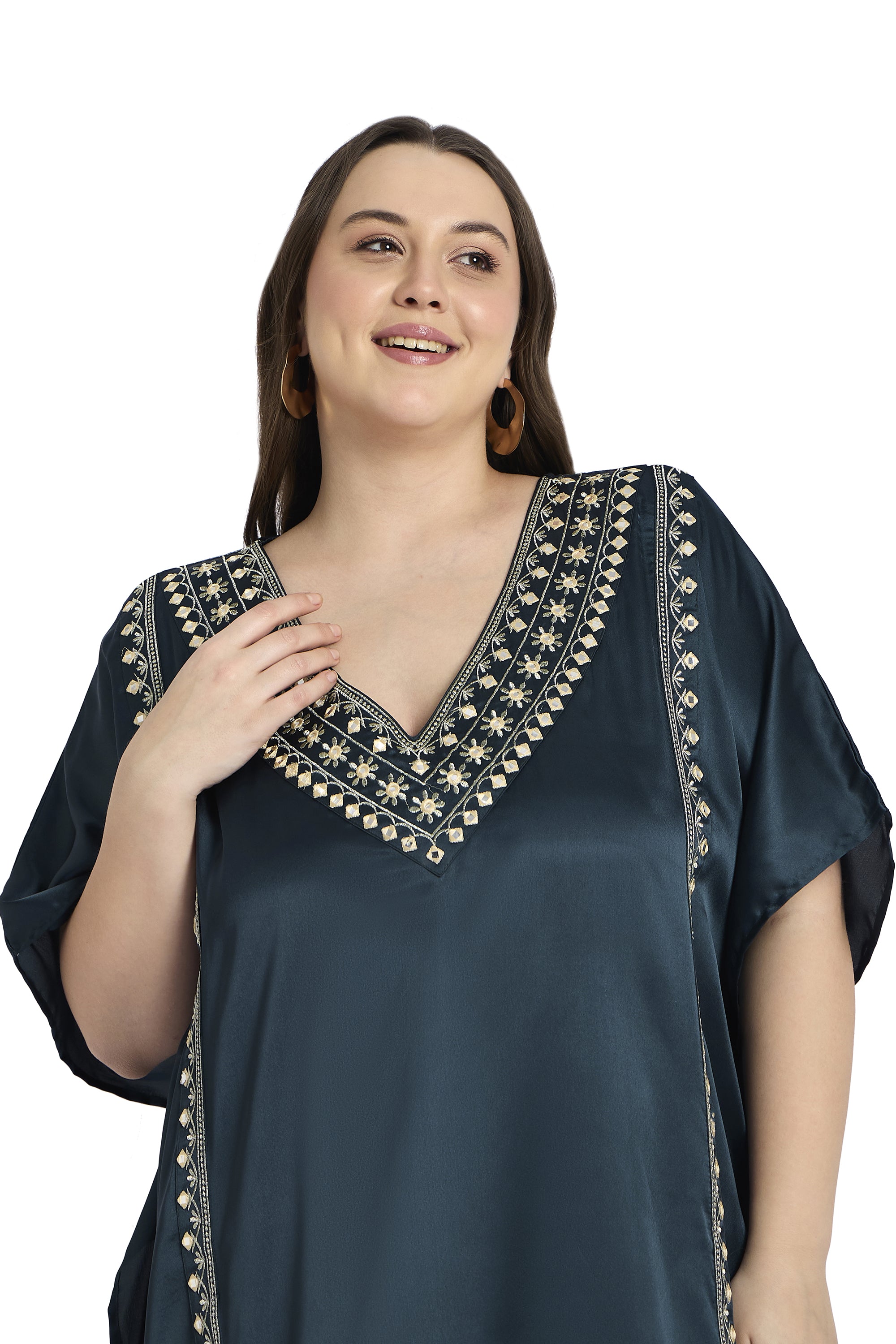 Women Satin Plus Size Kaftan with Embroidered Design