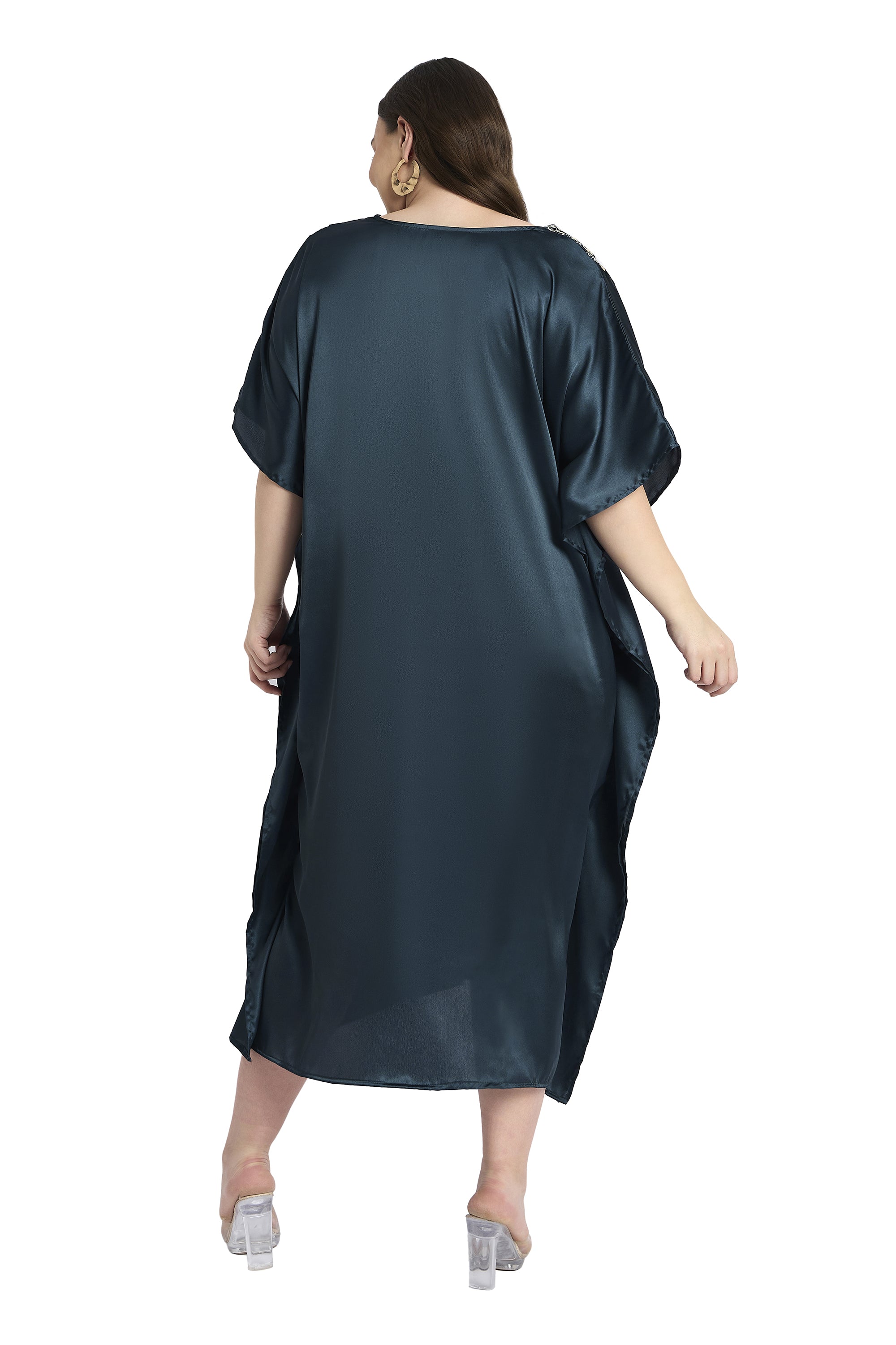 Women Satin Plus Size Kaftan with Embroidered Design