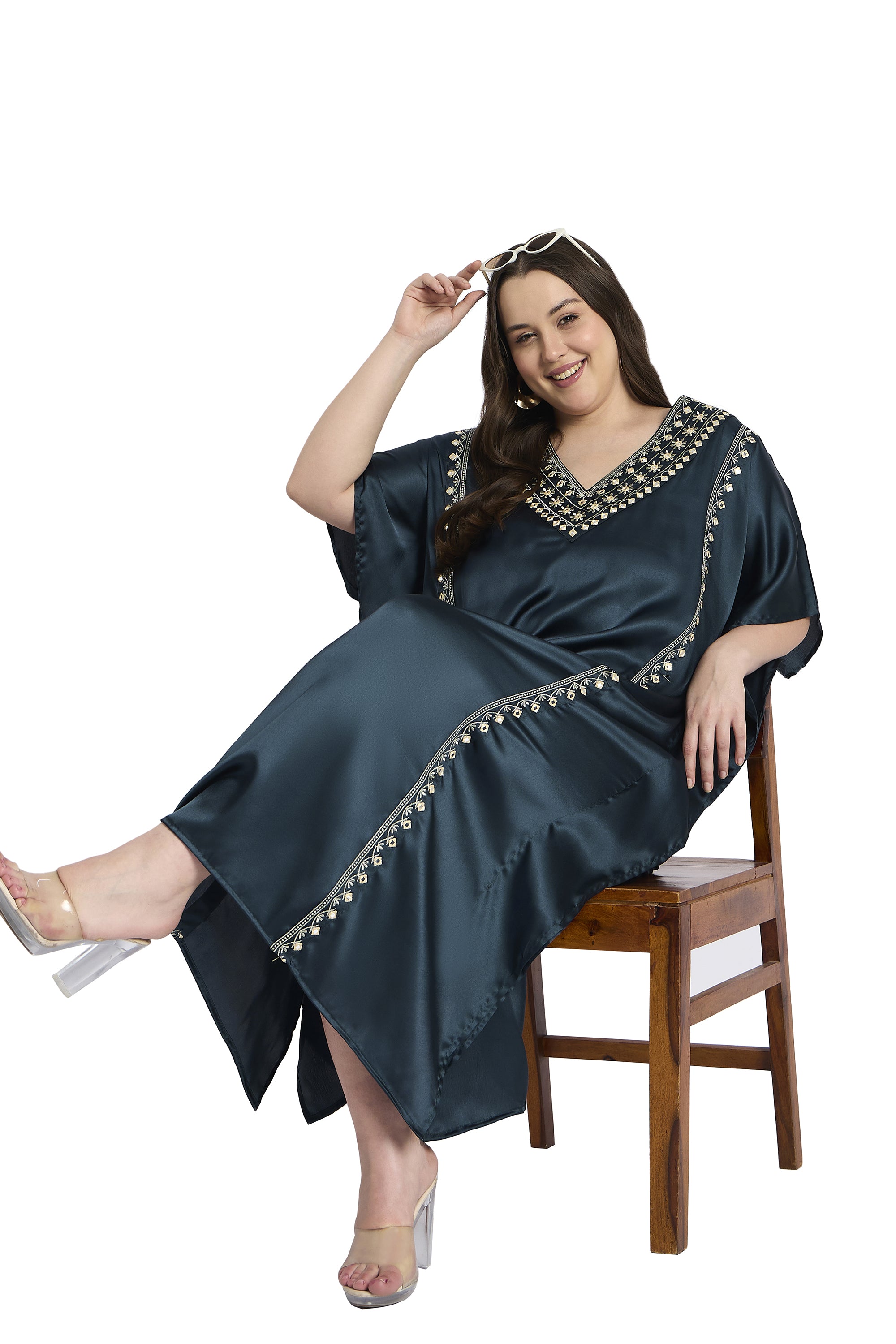 Women Satin Plus Size Kaftan with Embroidered Design