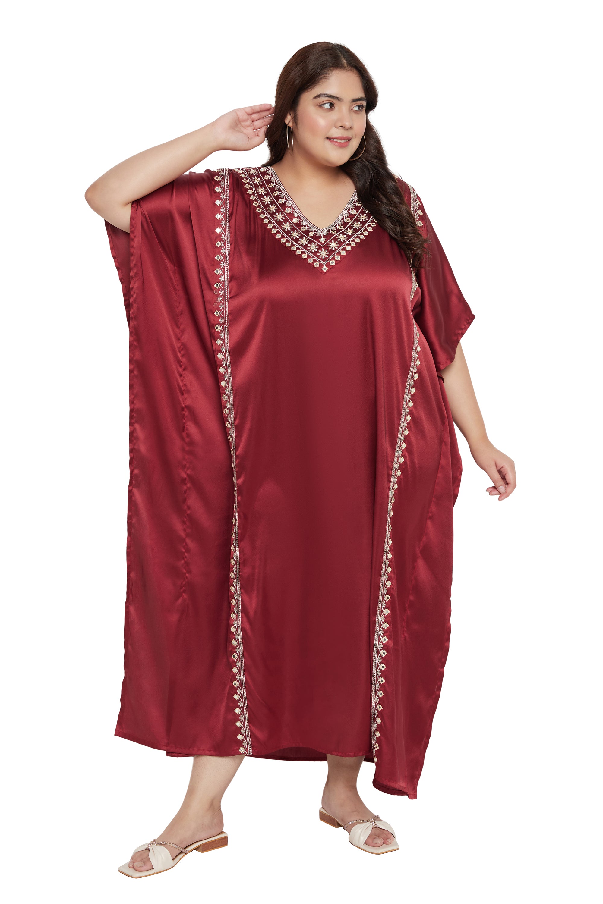 Jester Red Satin For Plus Size Women Kaftan With Embroidery