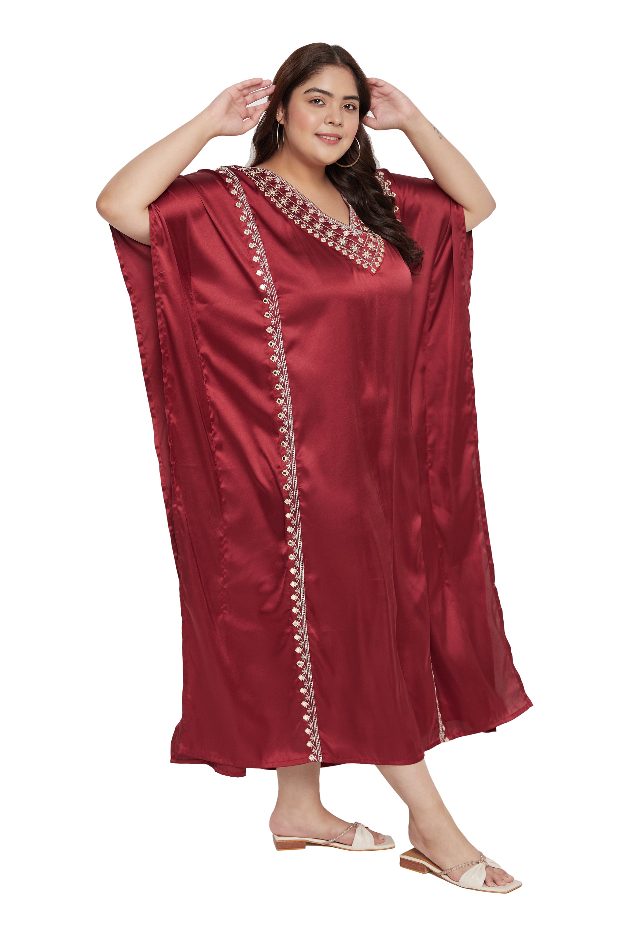 Jester Red Satin For Plus Size Women Kaftan With Embroidery