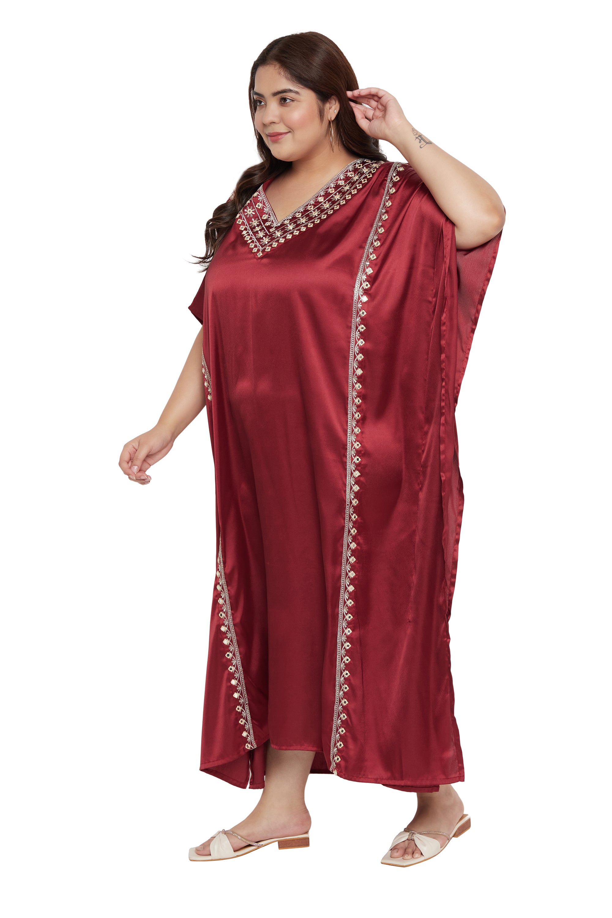 Jester Red Satin For Plus Size Women Kaftan With Embroidery