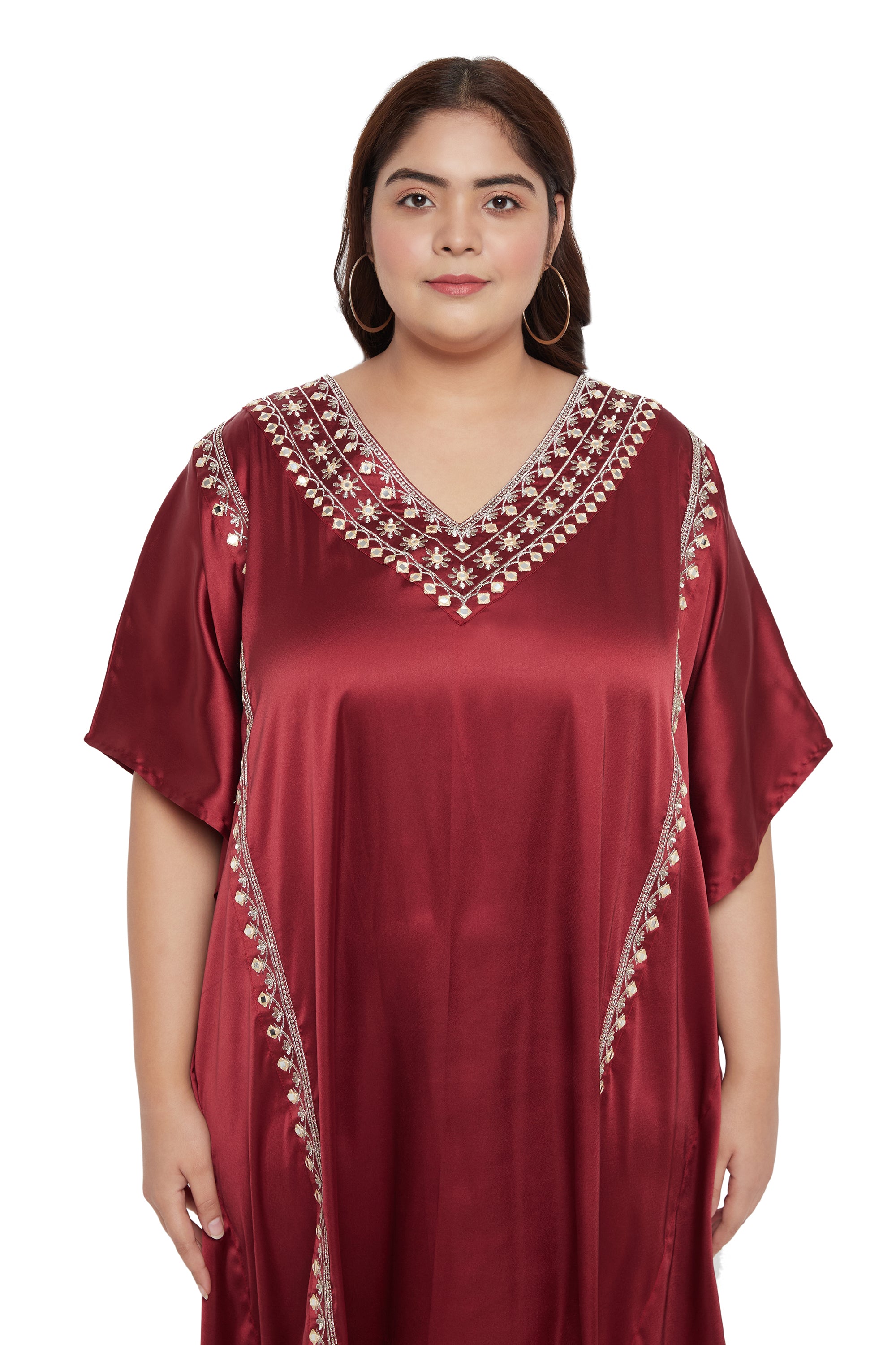 Jester Red Satin For Plus Size Women Kaftan With Embroidery