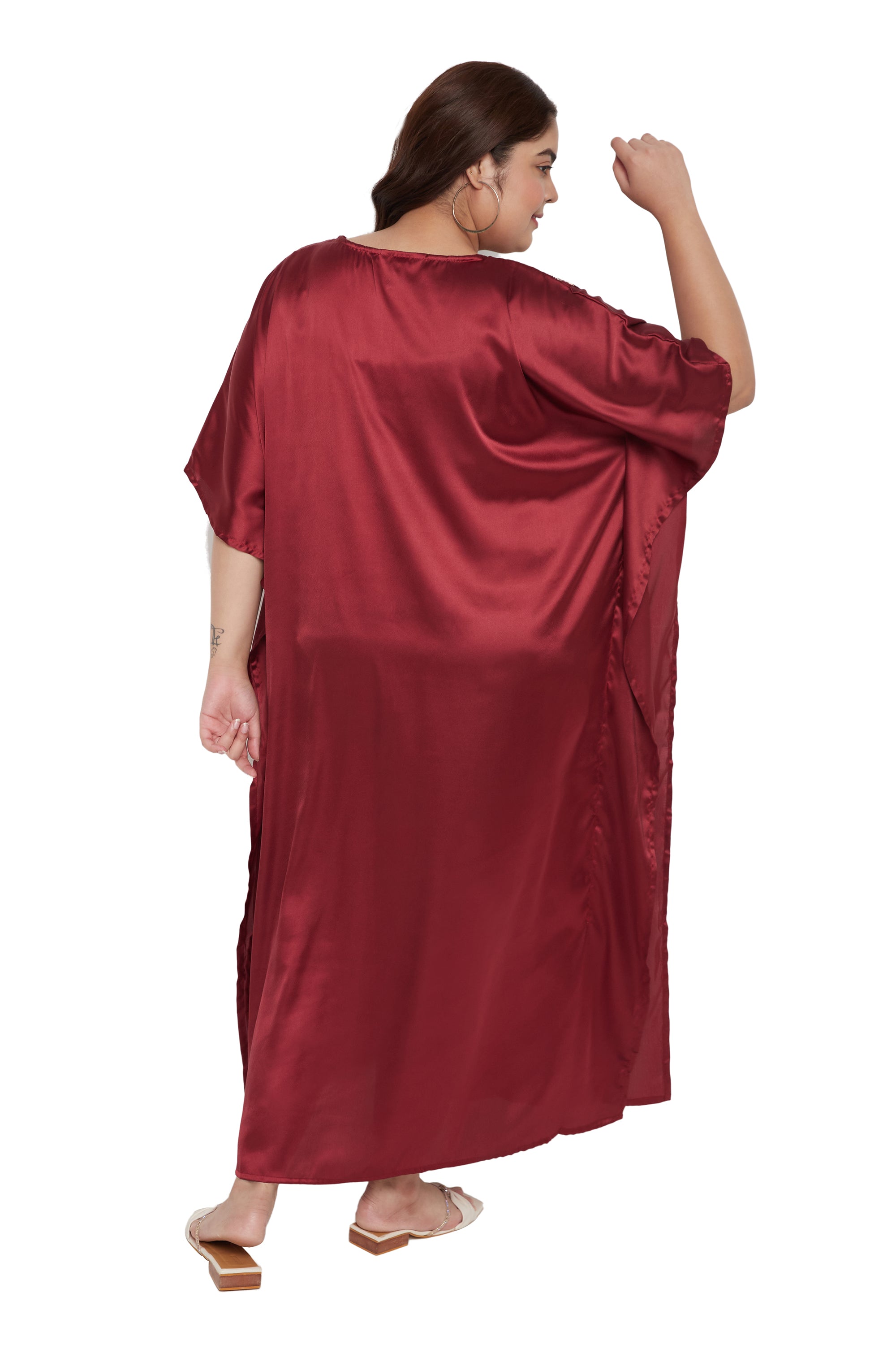 Jester Red Satin For Plus Size Women Kaftan With Embroidery