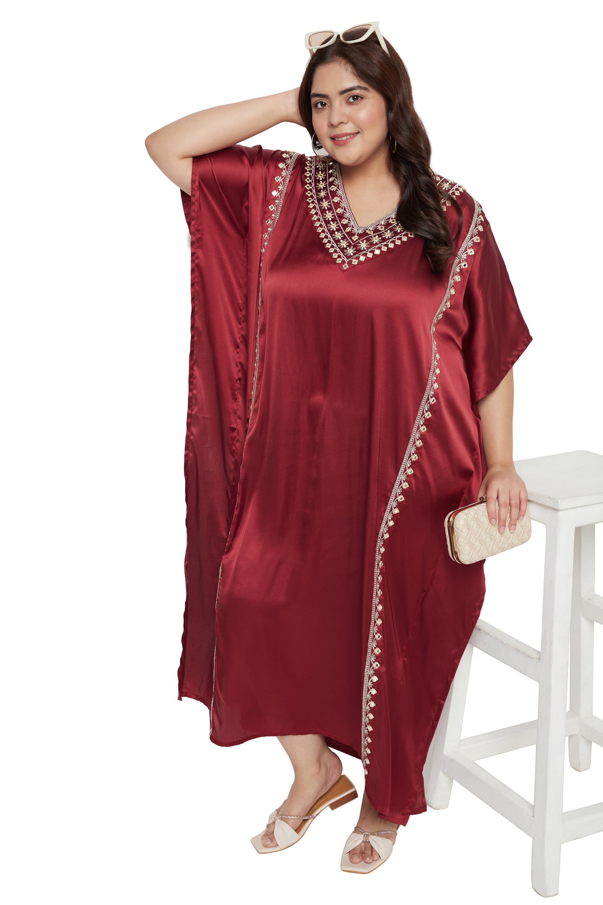 Jester Red Satin For Plus Size Women Kaftan With Embroidery