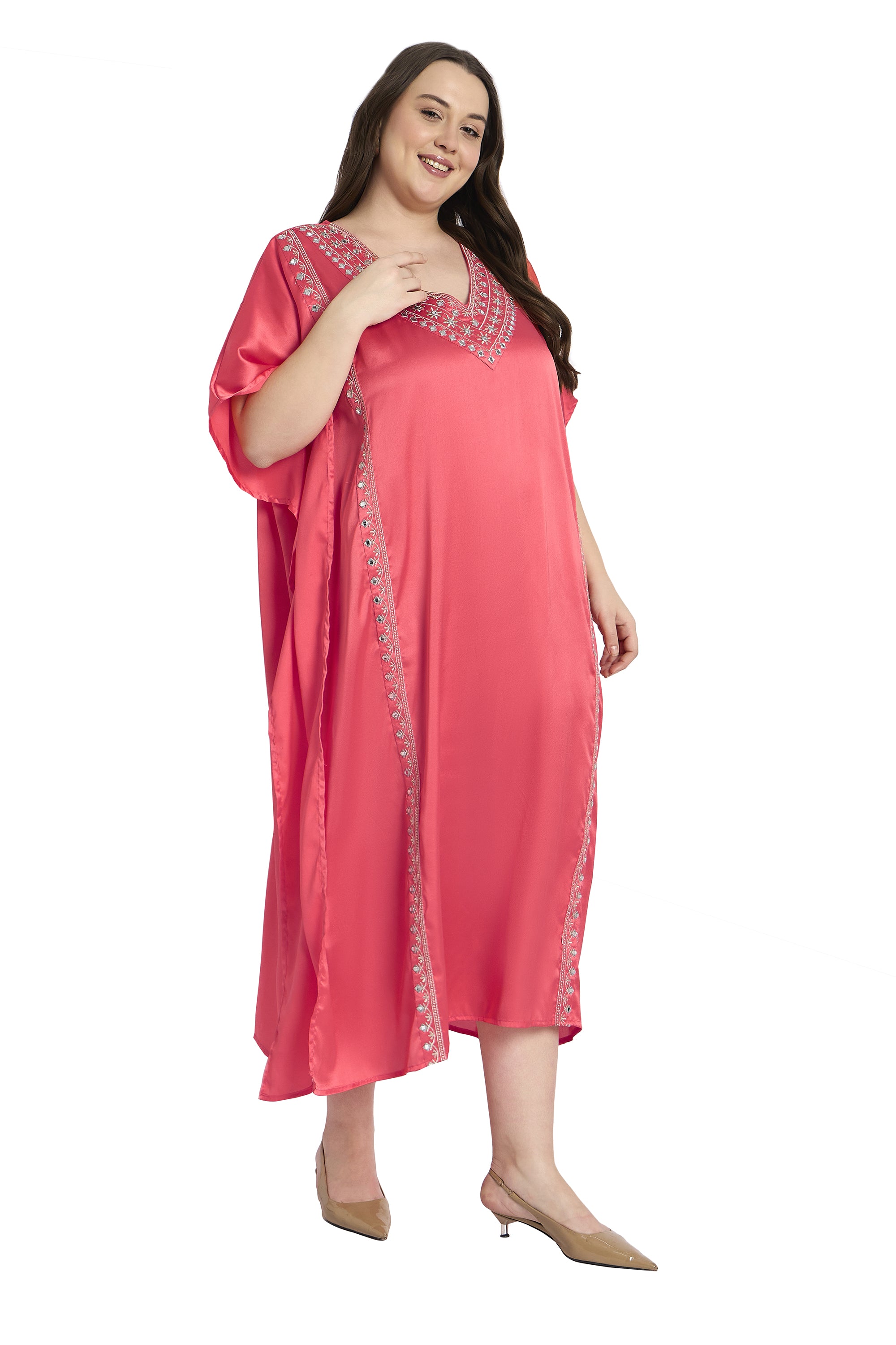 Women Plus Size Satin Kaftan with Embroidery