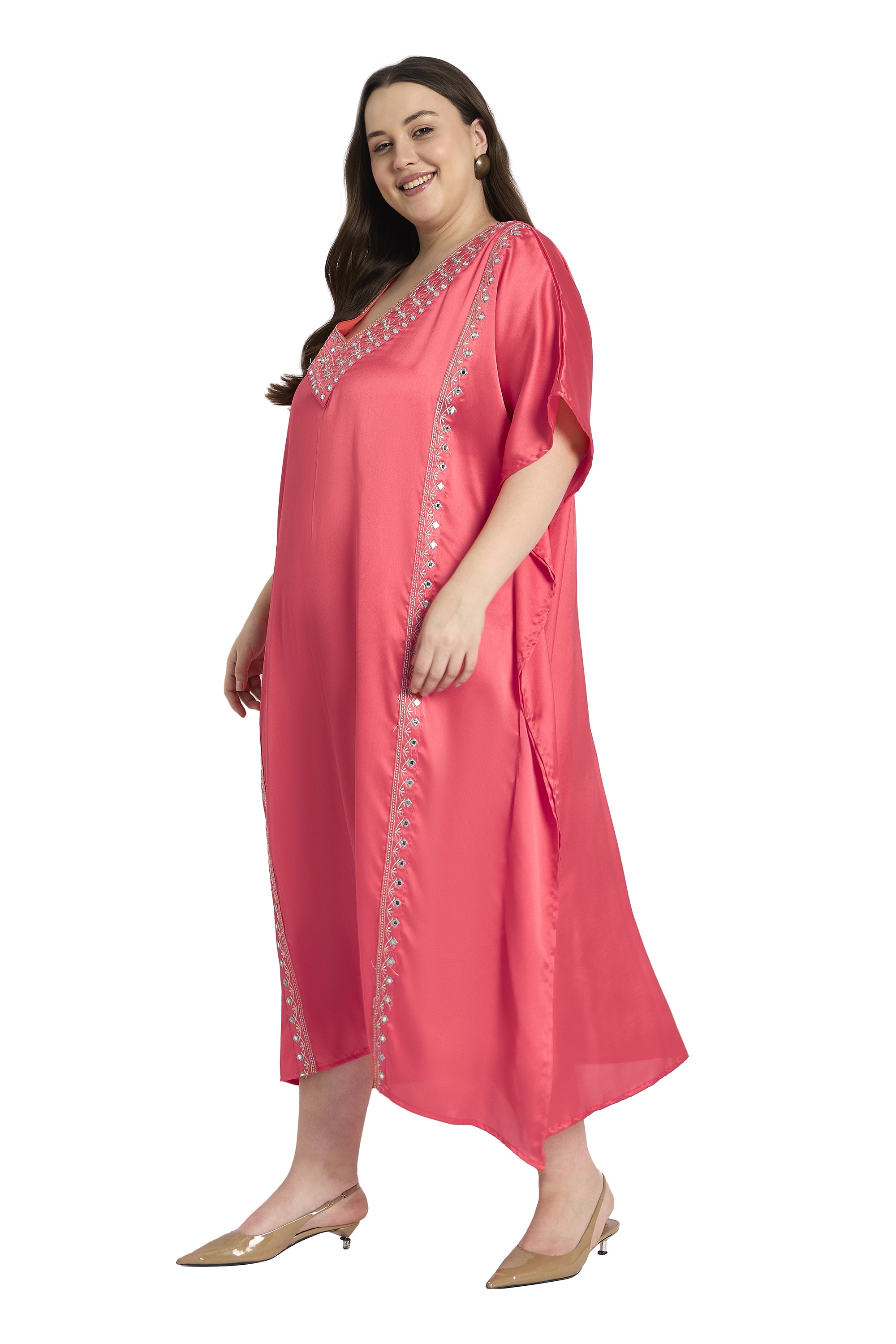 Women Plus Size Satin Kaftan with Embroidery