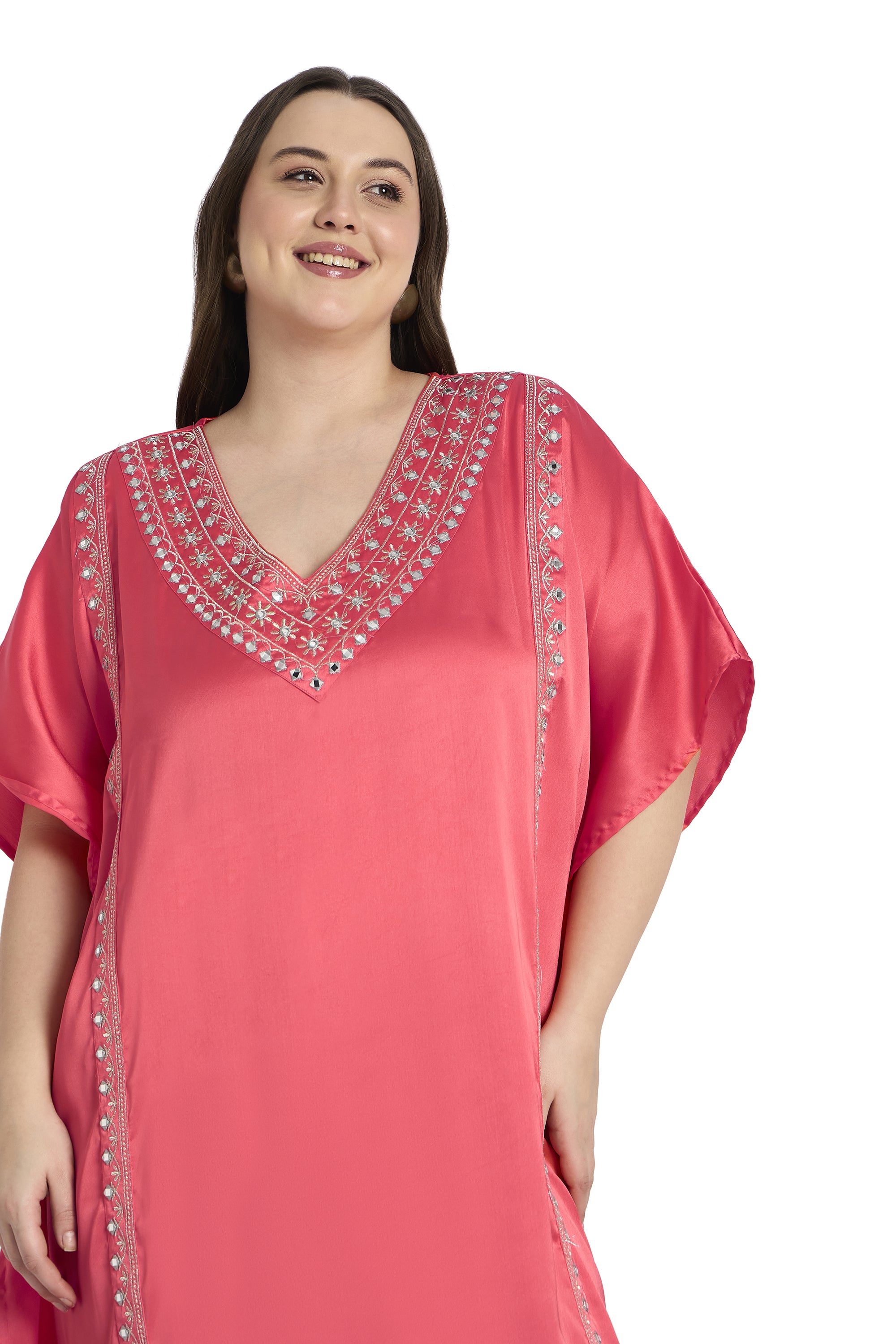 Women Plus Size Satin Kaftan with Embroidery