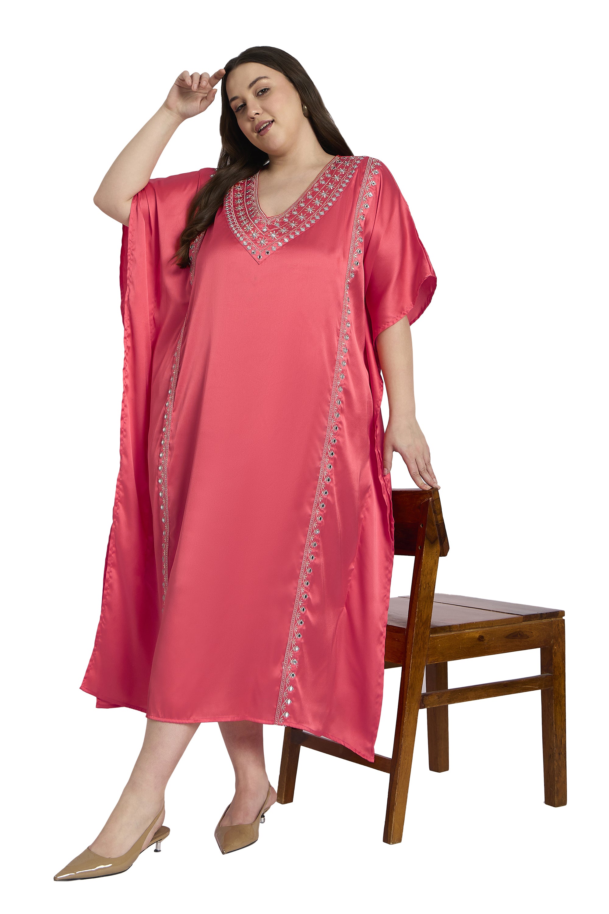 Women Plus Size Satin Kaftan with Embroidery