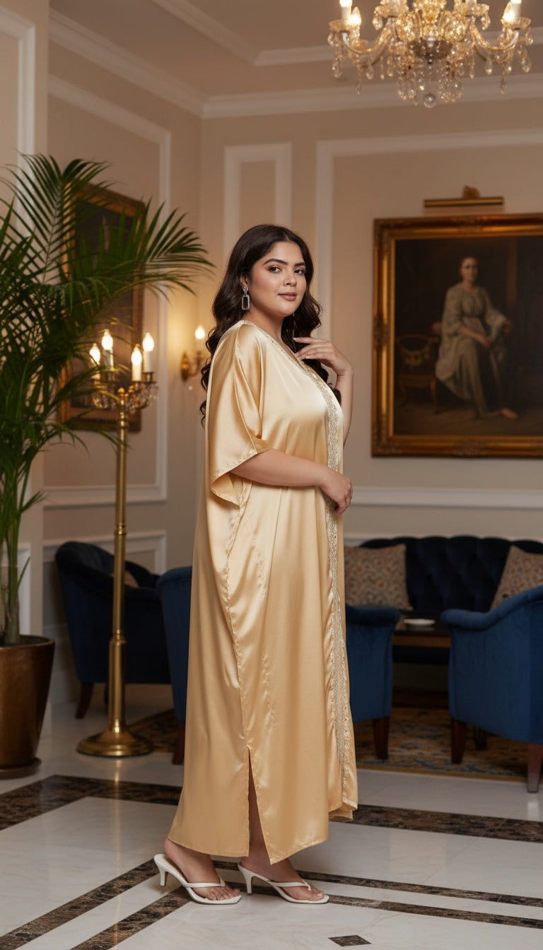 Embroidery Lace Apricot Tan Satin Kaftan for Plus Size Women