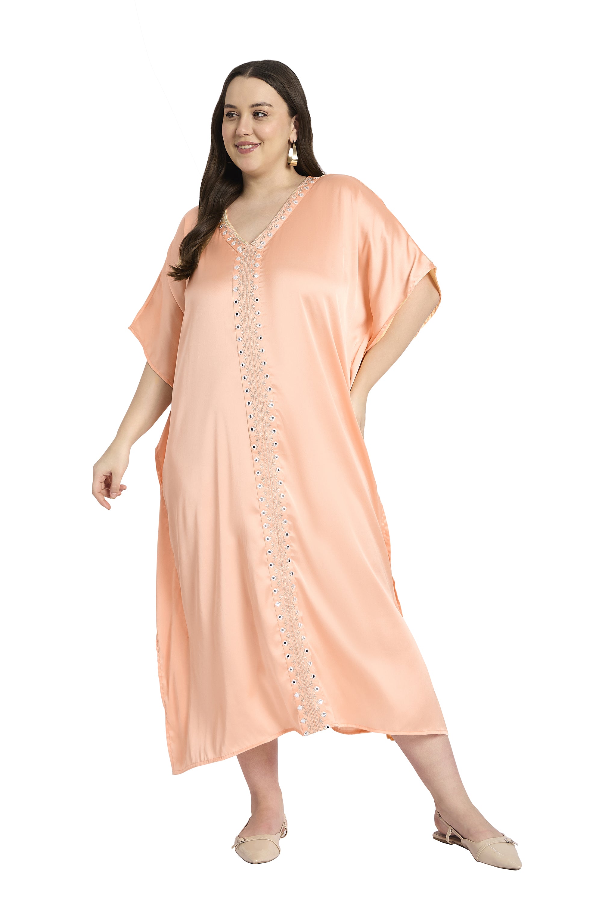Women Satin Plus Size Kaftan with Elegant Embroidery