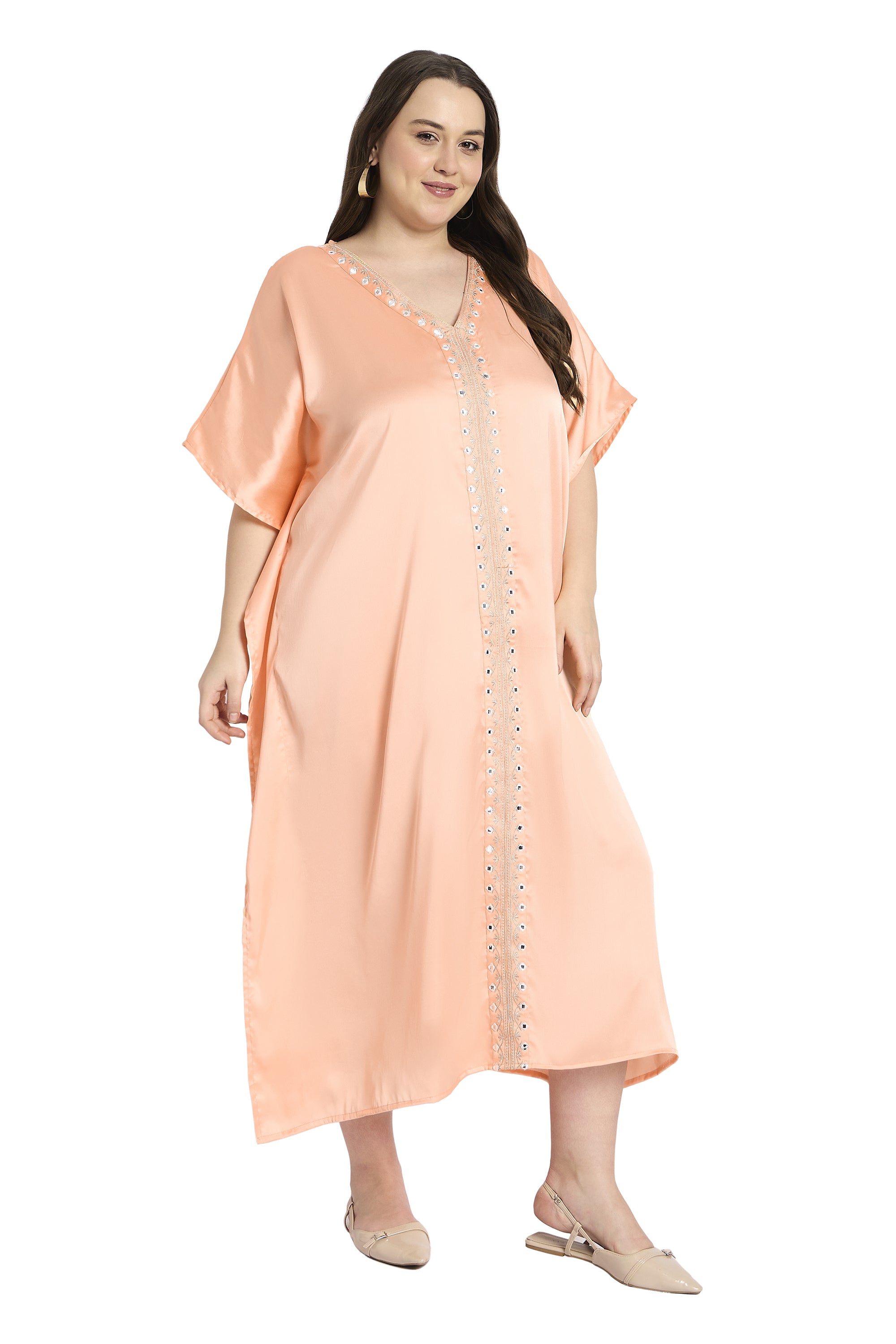 Women Satin Plus Size Kaftan with Elegant Embroidery