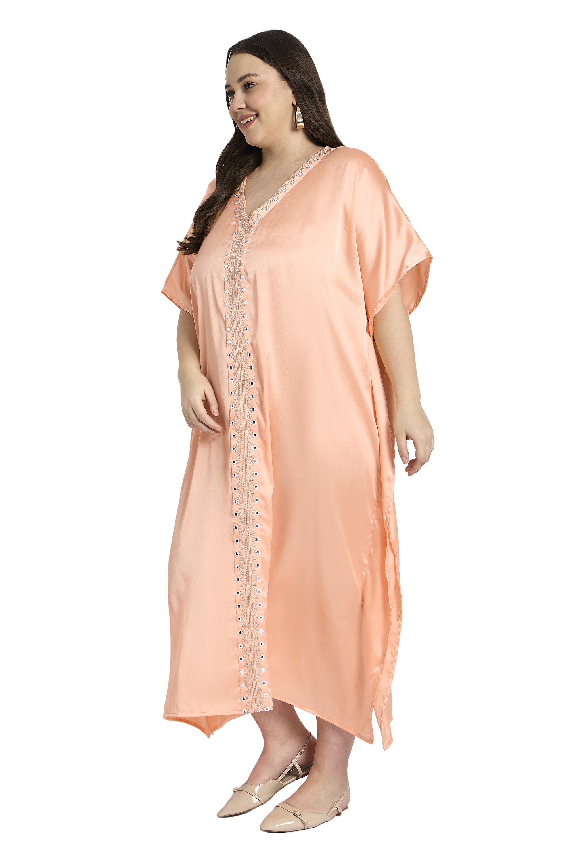 Women Satin Plus Size Kaftan with Elegant Embroidery