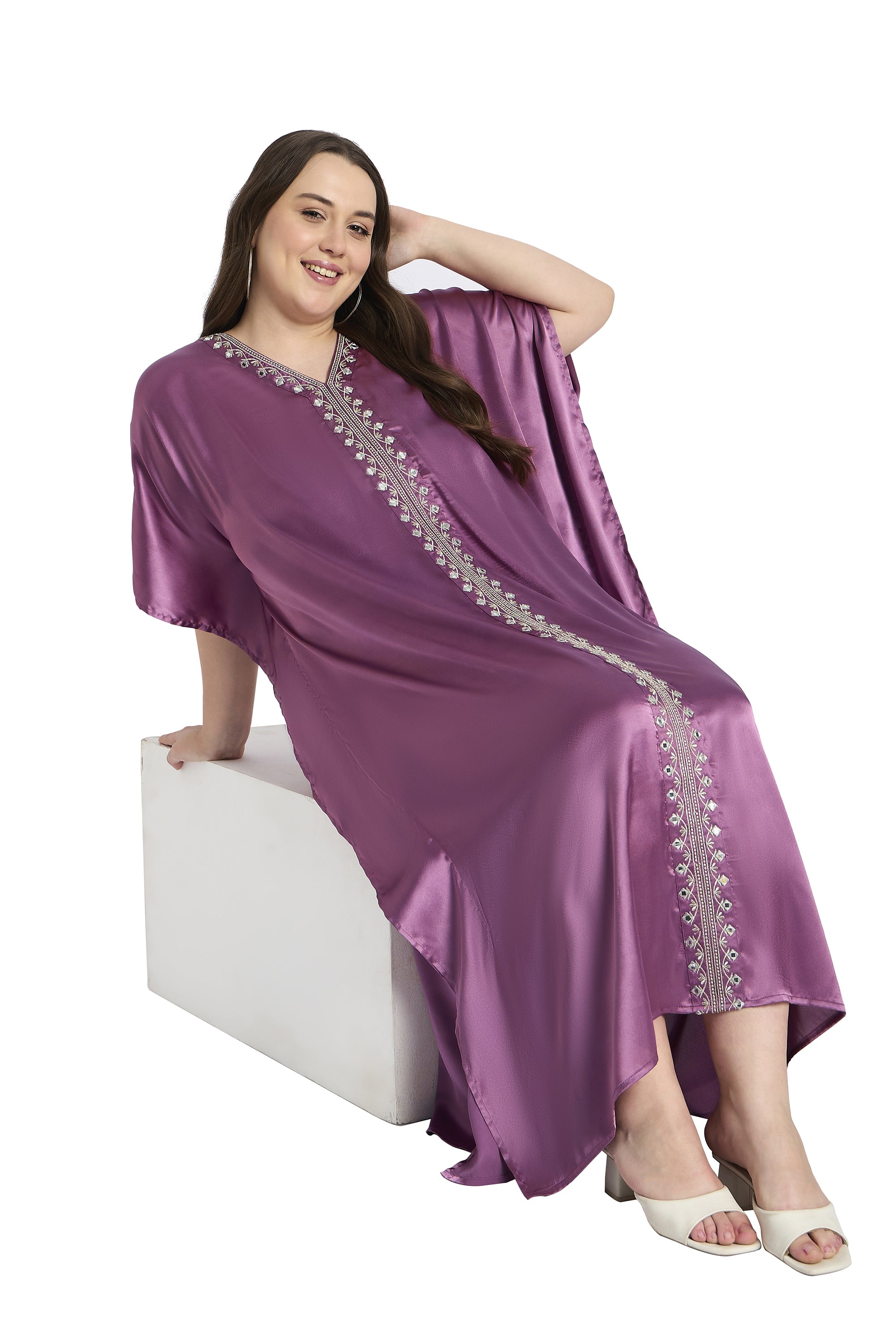 Satin Embroidered Plus Size Kaftan for Women