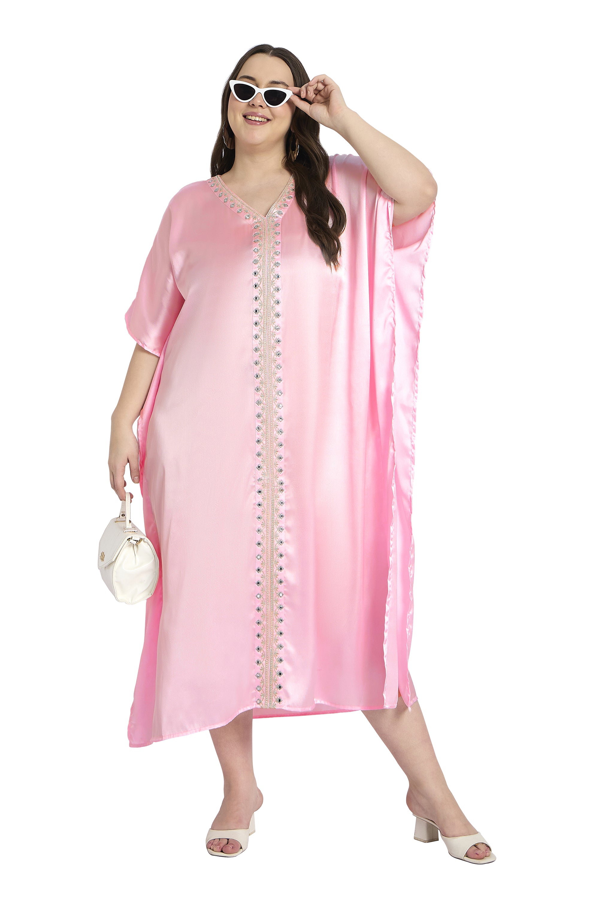 Light Pink Women Embroidered Satin Plus Size Caftan