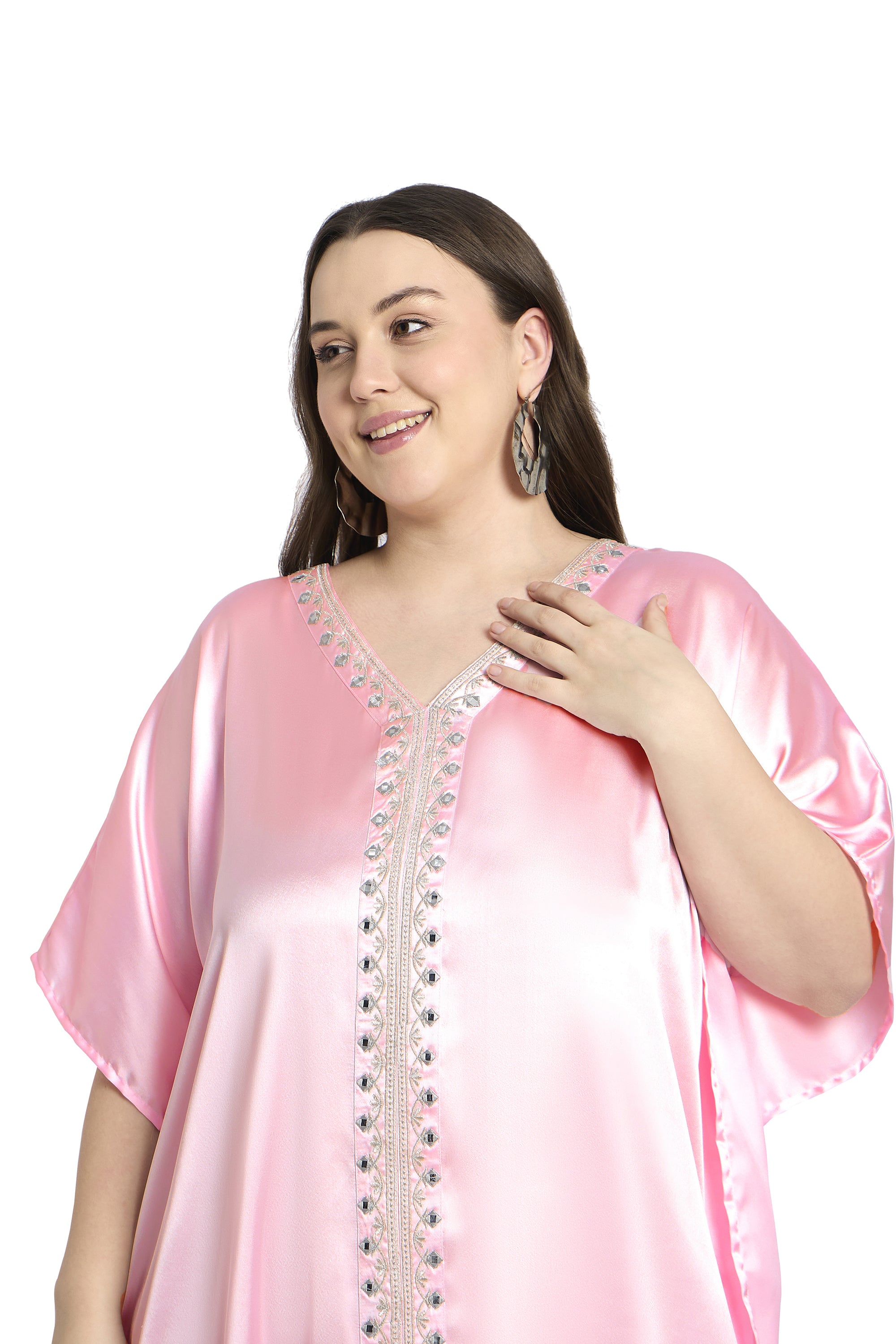 Light Pink Women Embroidered Satin Plus Size Caftan