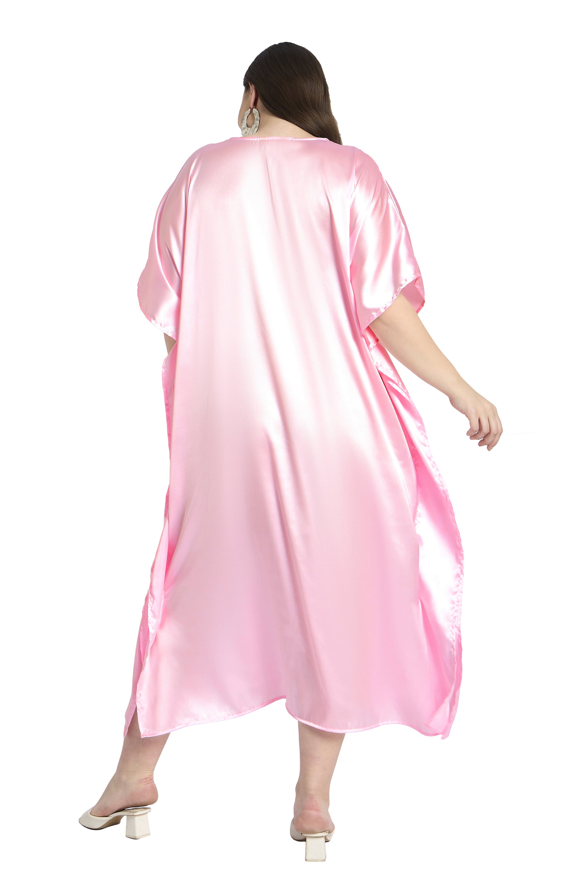 Light Pink Women Embroidered Satin Plus Size Caftan