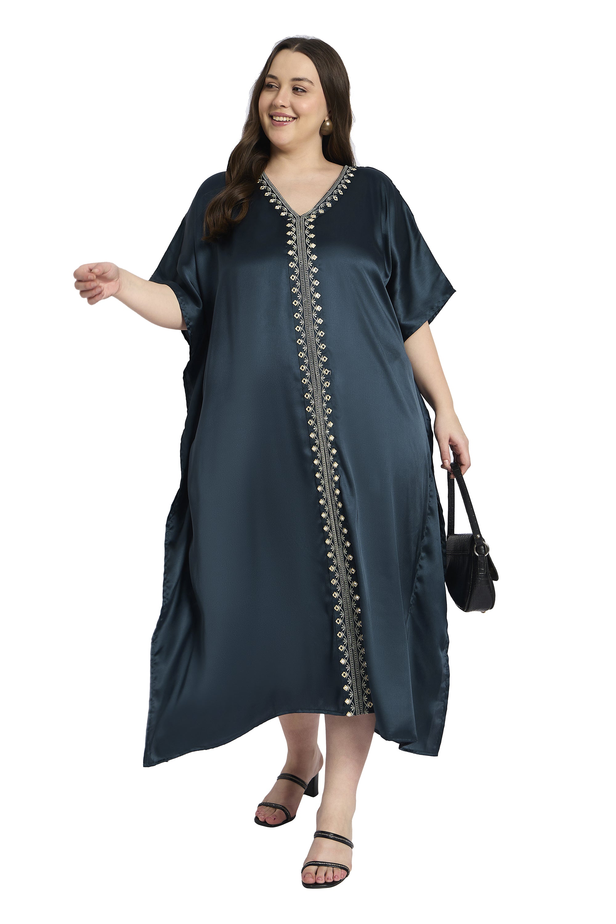 Women Elegant Satin Plus Size Caftan with Embroidery