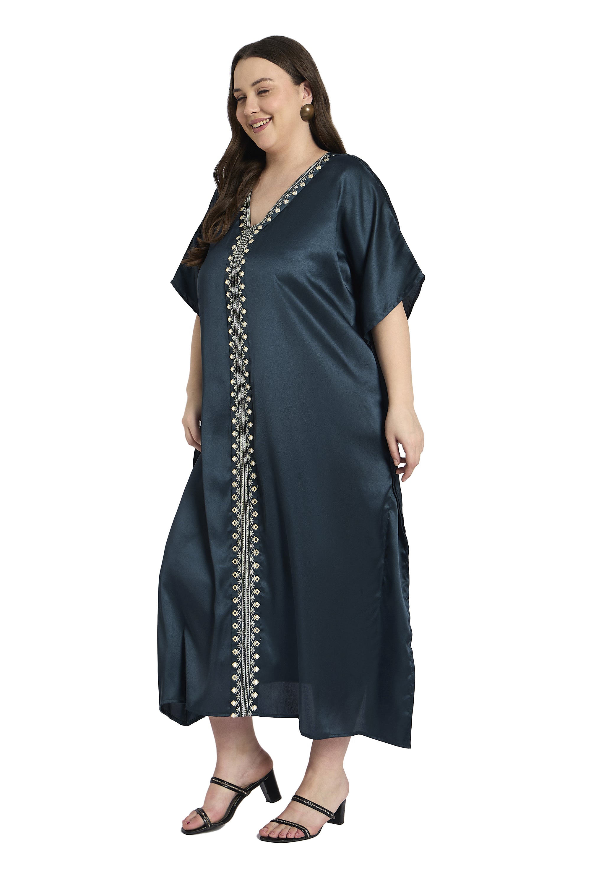 Women Elegant Satin Plus Size Caftan with Embroidery