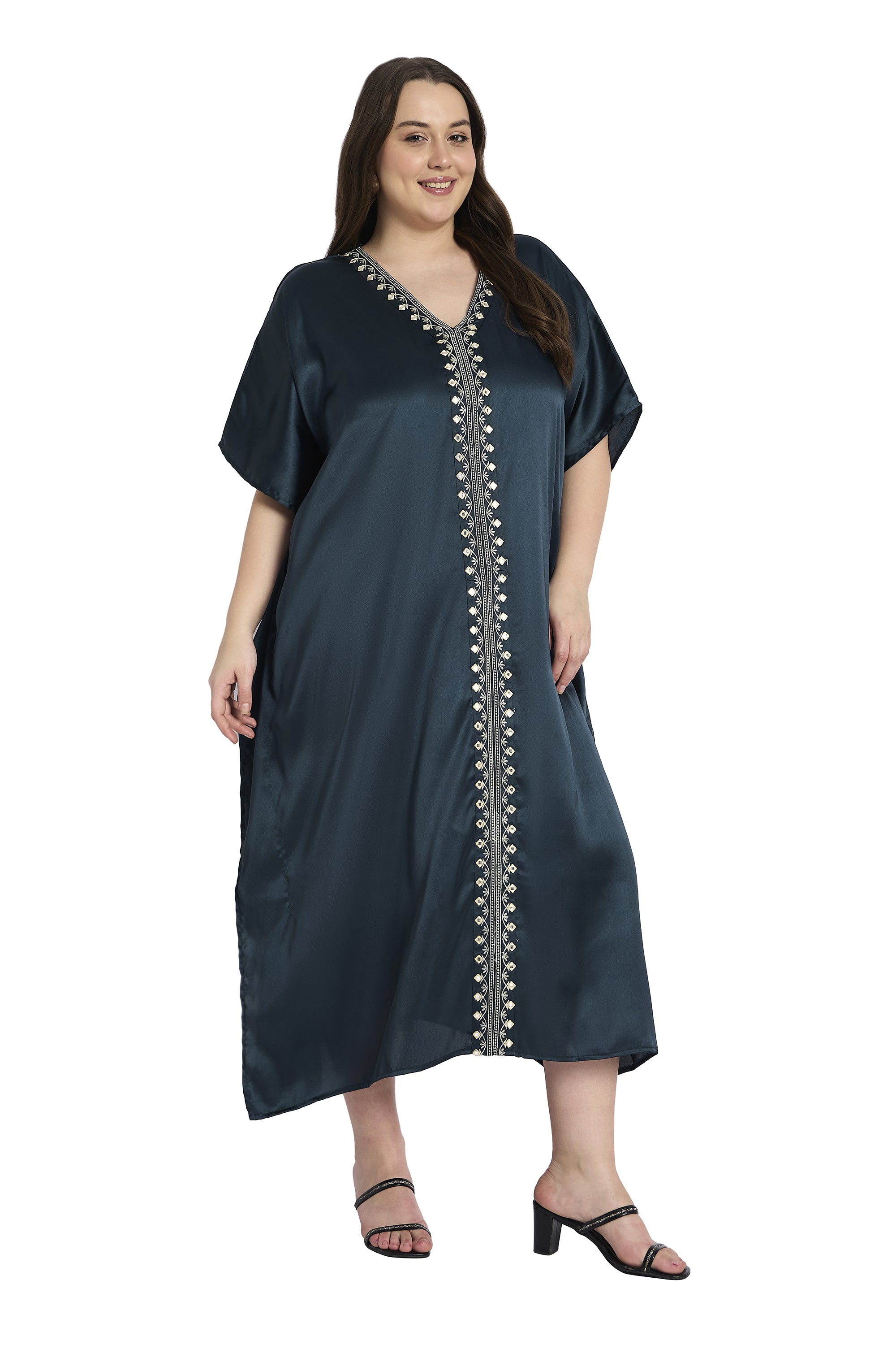 Women Elegant Satin Plus Size Caftan with Embroidery