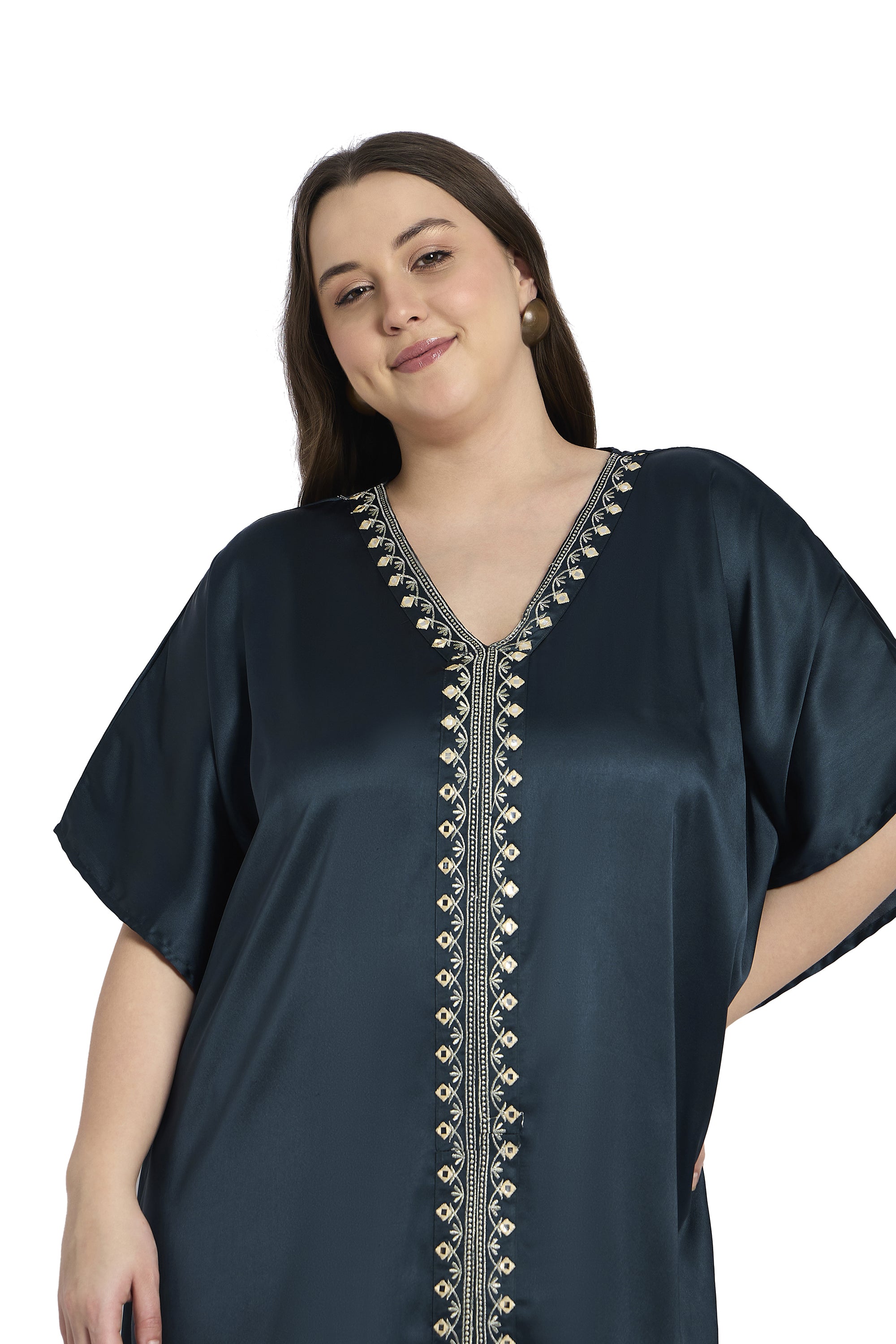 Women Elegant Satin Plus Size Caftan with Embroidery
