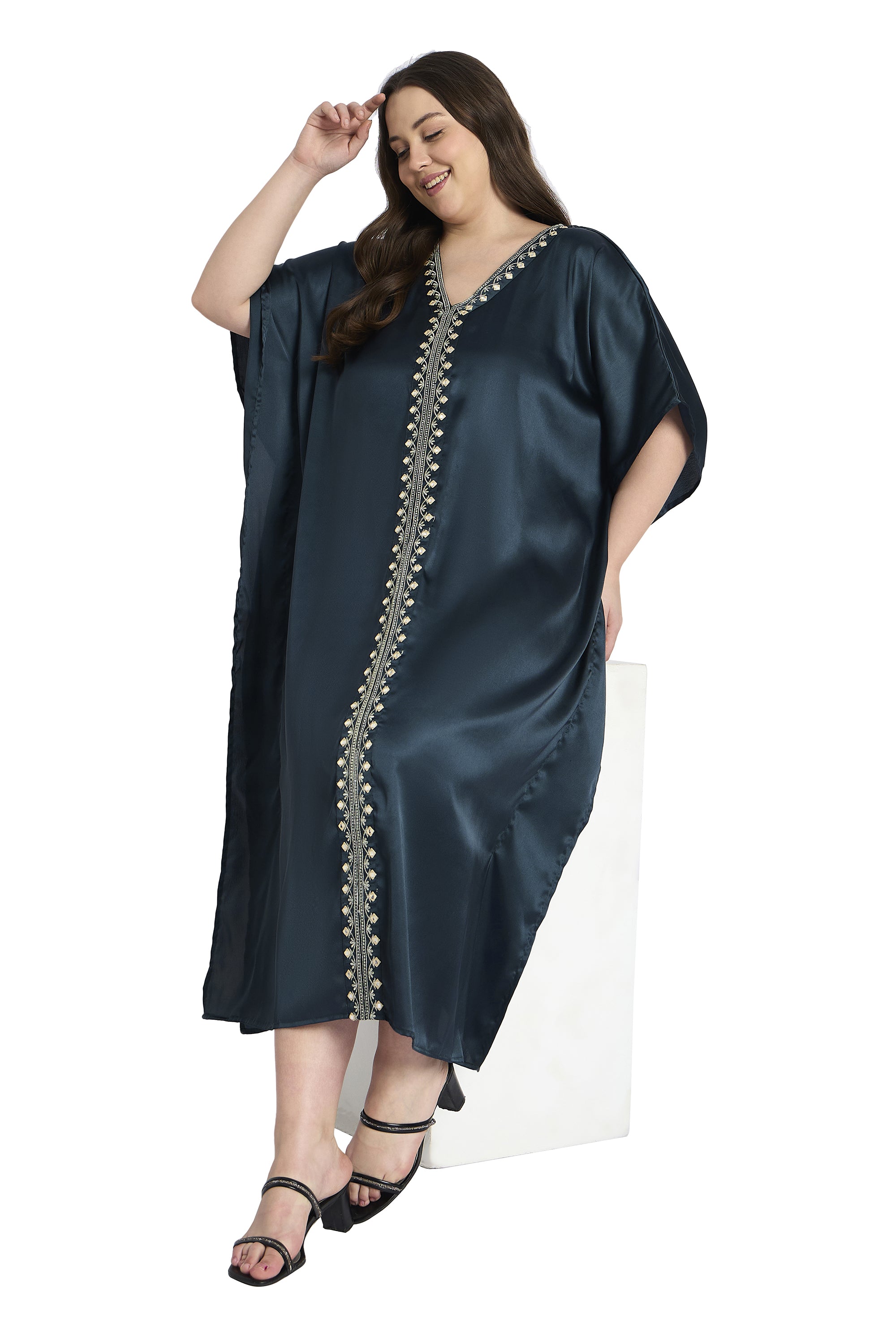 Women Elegant Satin Plus Size Caftan with Embroidery