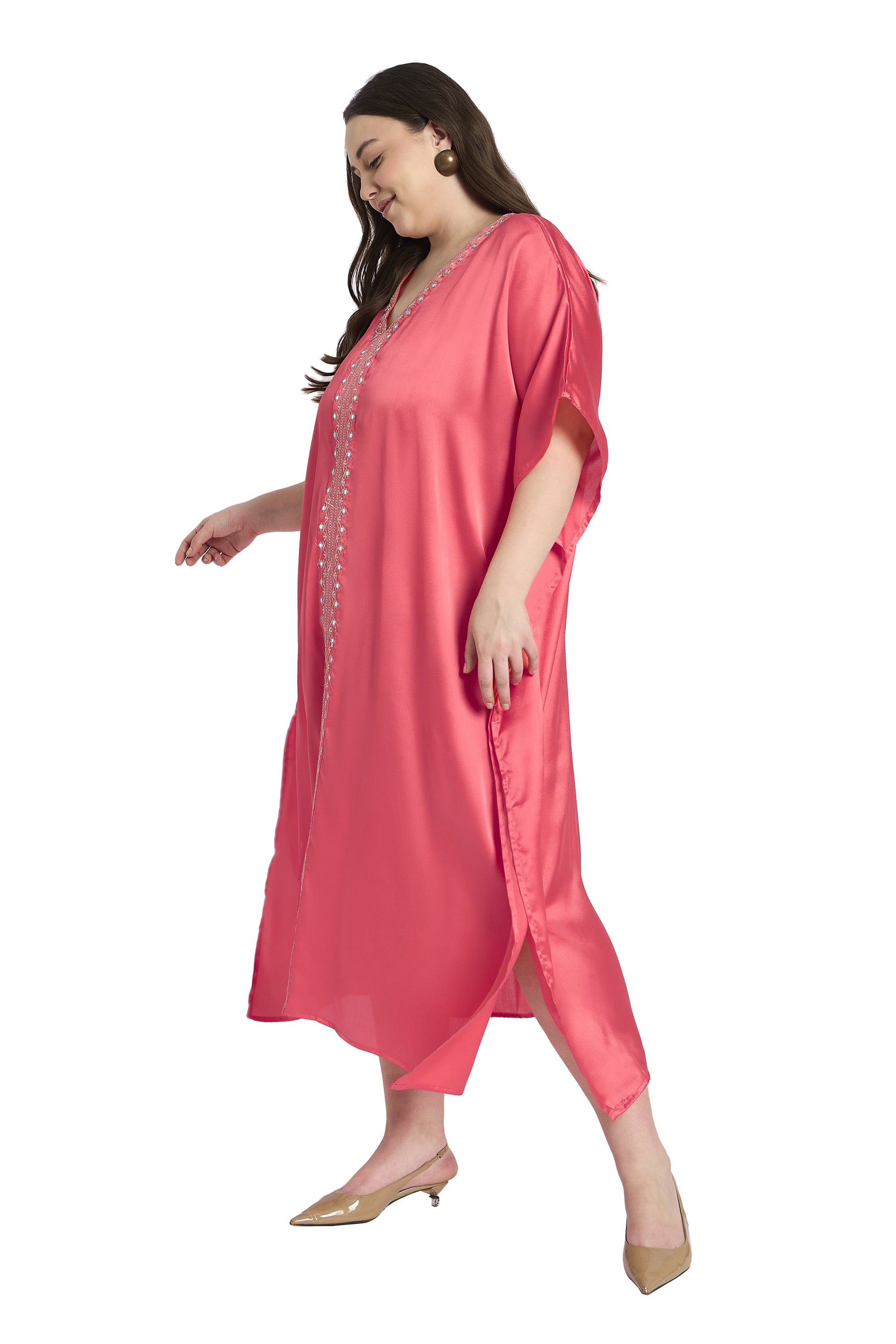 Women Satin Plus Size Traditional Kaftan with Embroidery