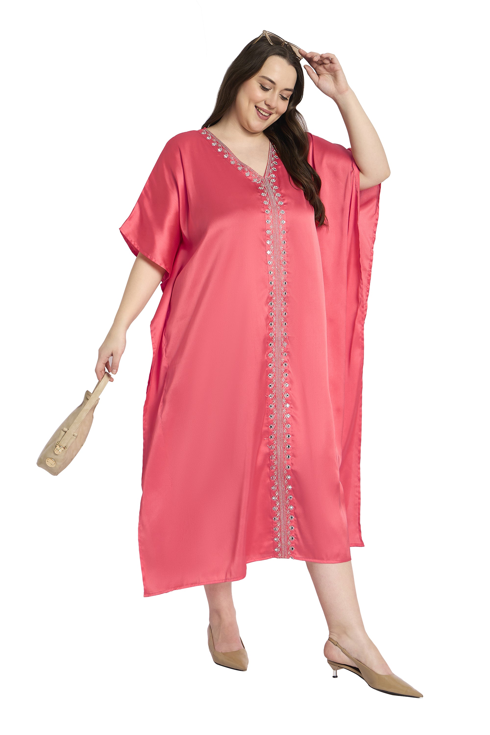 Women Satin Plus Size Traditional Kaftan with Embroidery