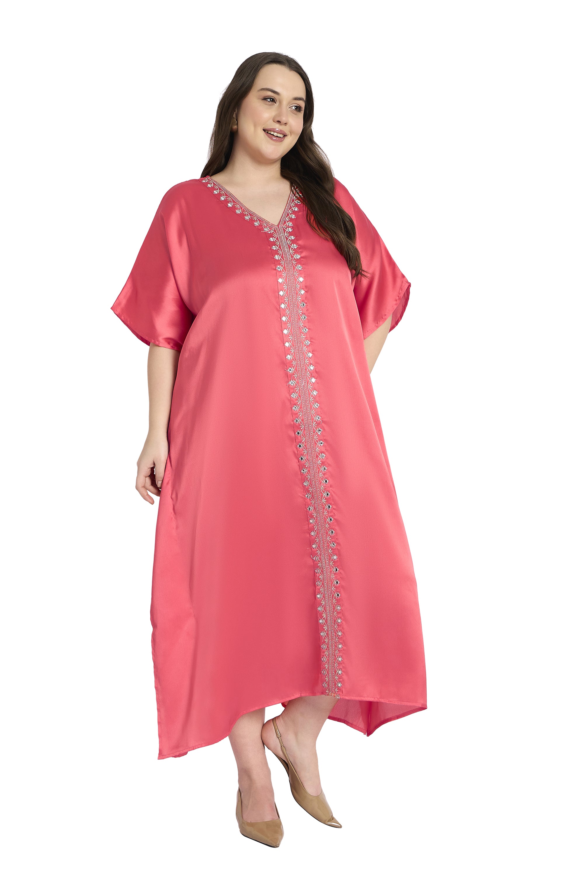 Women Satin Plus Size Traditional Kaftan with Embroidery