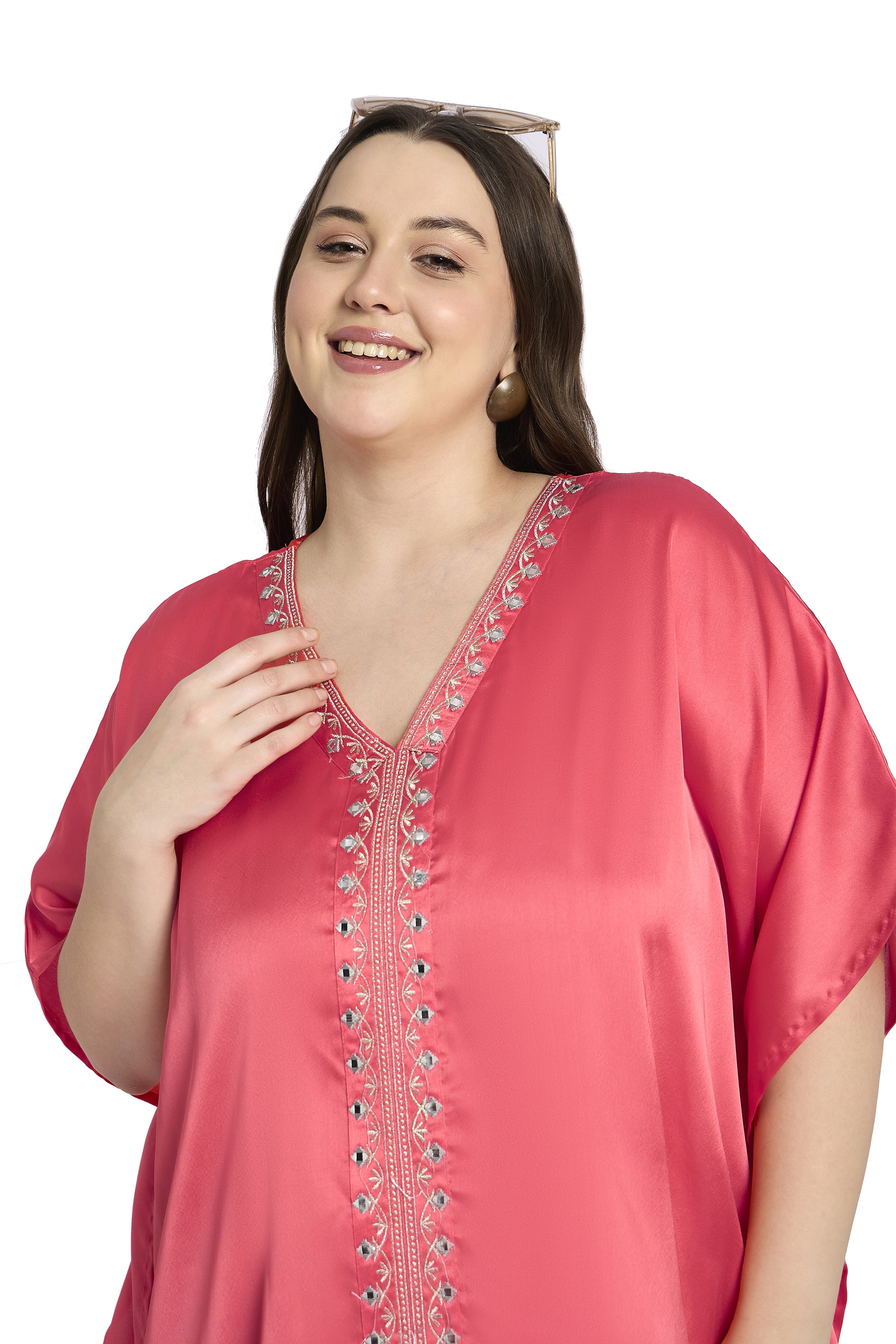Women Satin Plus Size Traditional Kaftan with Embroidery