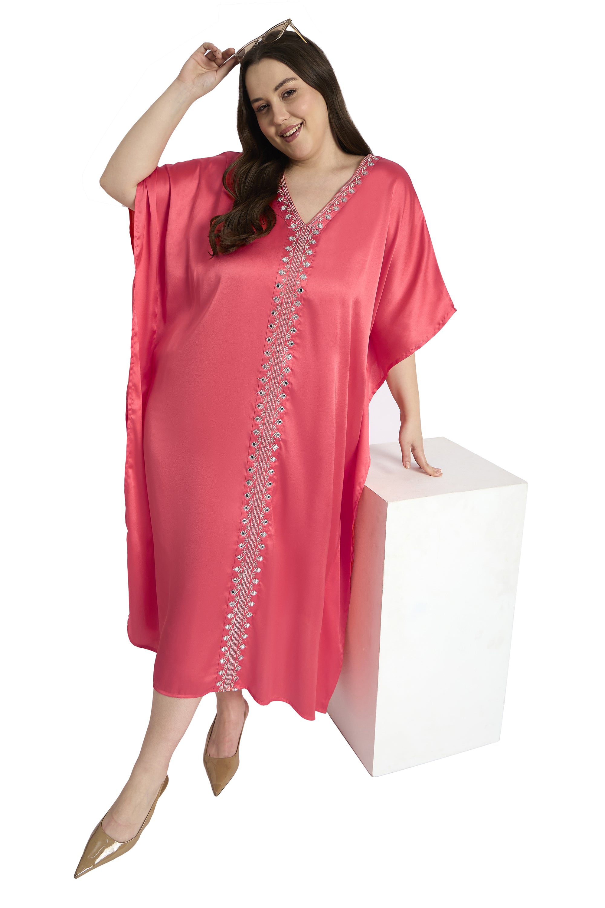 Women Satin Plus Size Traditional Kaftan with Embroidery