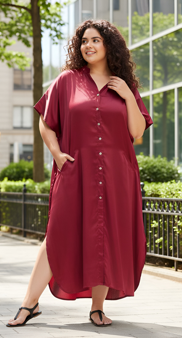 Red Satin Plus Size Button Kaftan for Women 1X-3X | GypsieBlu