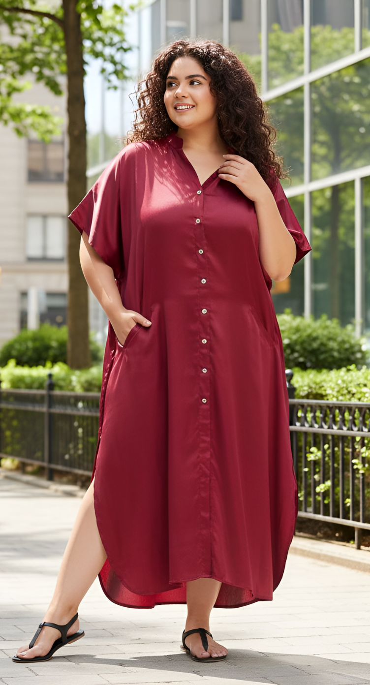Solid Red Satin Button Kaftan Dress For Plus Size Women
