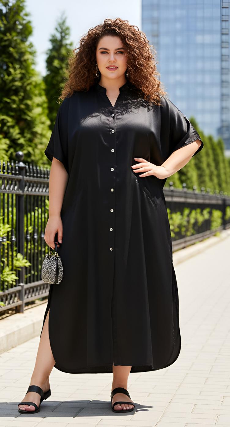 Solid Black Satin Button Kaftan Plus Size Dress For Women