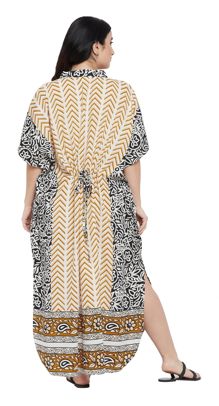 Beige and gold chevron paisley border print polyester plus size kaftan with side slits, full length — alternate view